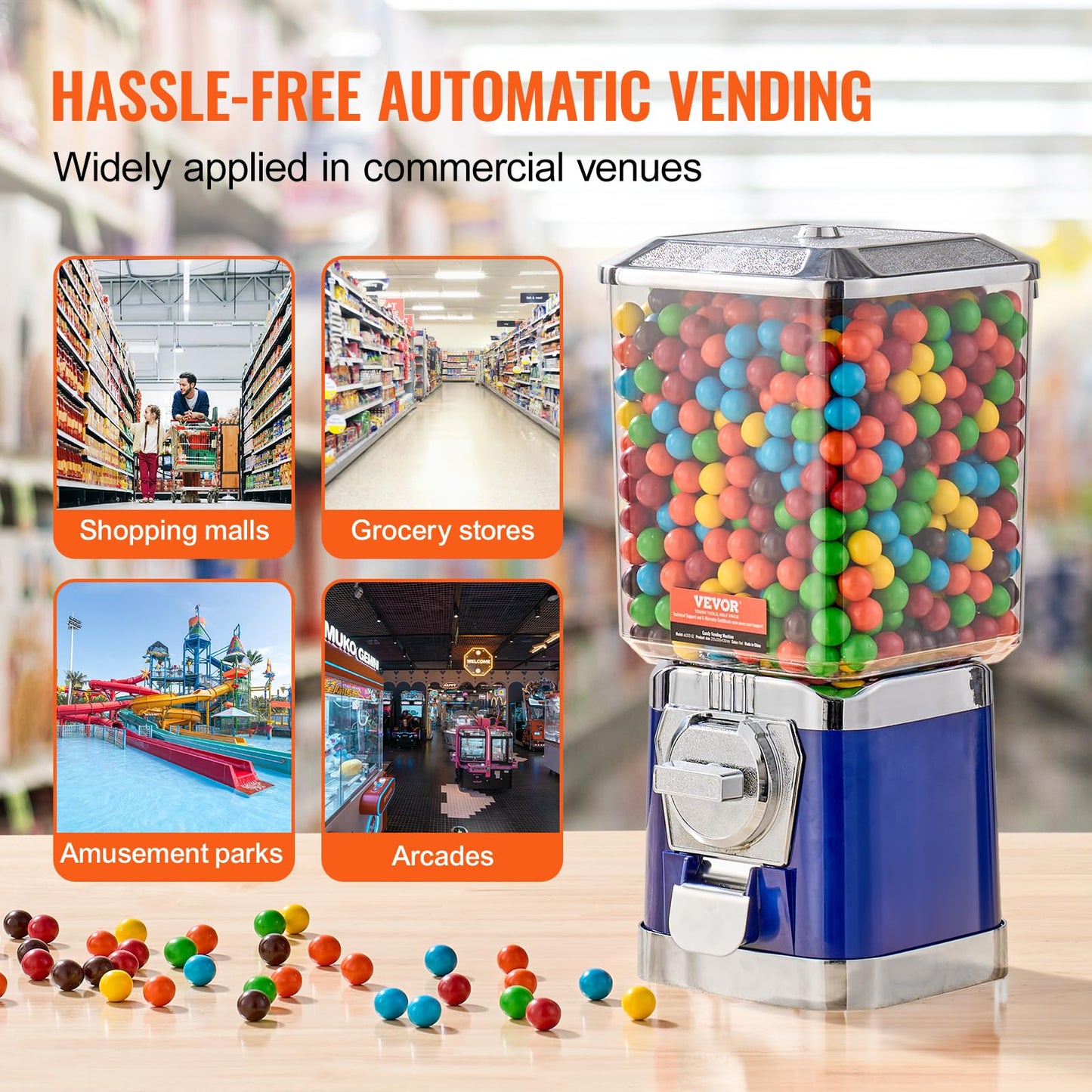 VEVOR Gumball Machine, 17"H Home Candy Vending Machine, PC Gumball Dispenser, Bubble Gum Machine for Game Stores, Coin Operated Gumball Bank for Toy Capsules Bouncy Balls Candy, Blue