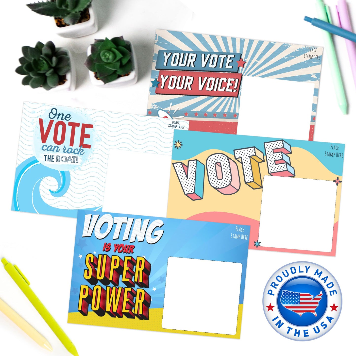 T MARIE 400 Bulk Voter Postcards 4x6-4 Vibrant Designs, Blank Back for Personalized Messages, Smear-Resistant Uncoated Cardstock, Spark Change and Encourage Voting in Your State