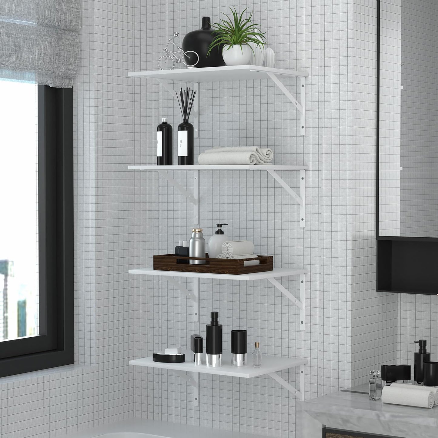 Dushikent Deep Floating Wall Shelves - 4 Sets of 12 Inch Wide White Wood Shelves for Bathroom, Bedroom, Kitchen, Living Room