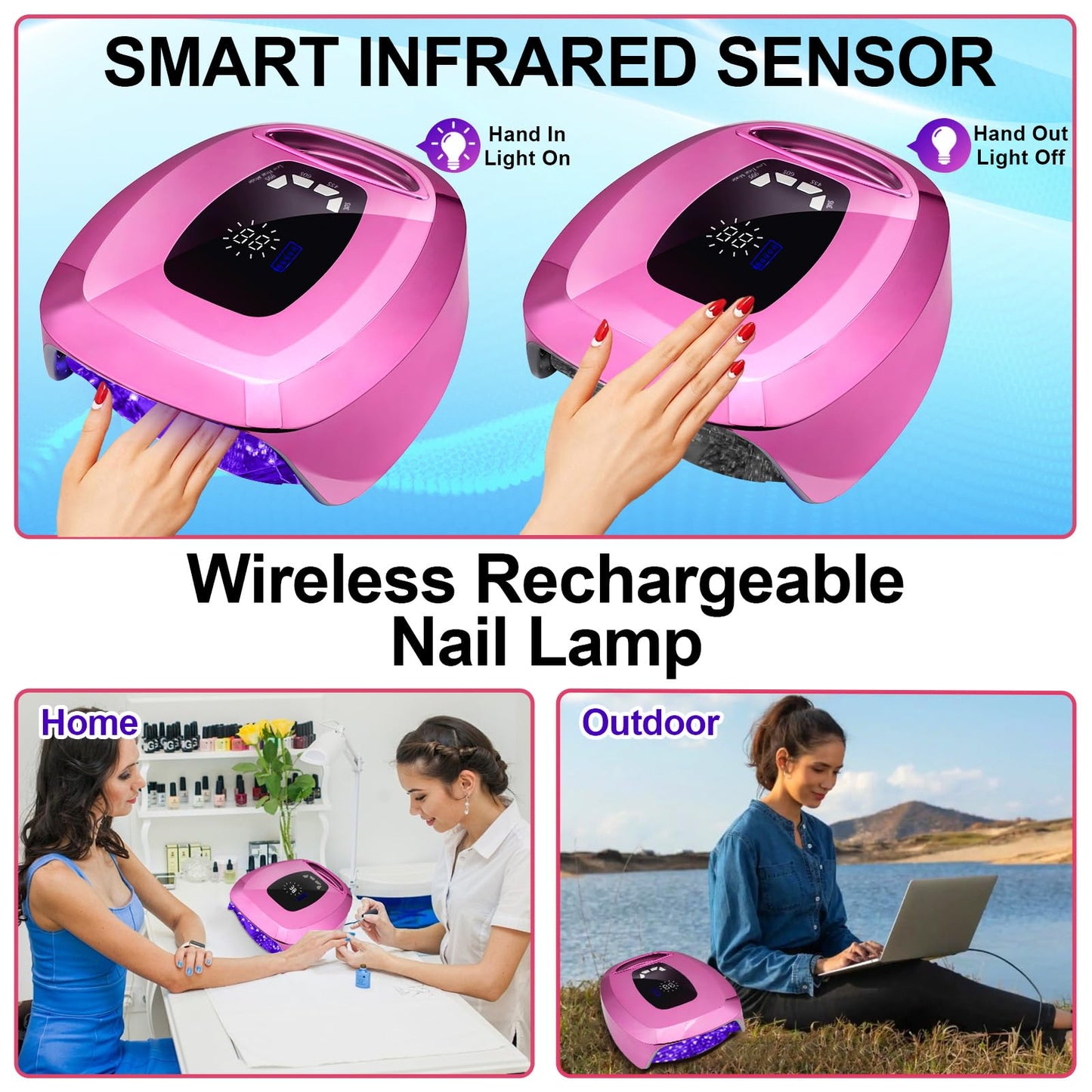 UV LED Nail Lamp Rechargeable,108W Professional Cordless UV Light for Gel Nails,Portable Metallic Nail Dryers with UV Gloves & Nail Kit,Fast Curing Gel Polish Lamp Smart Sensor 4 Timer 35 Lamp Beads
