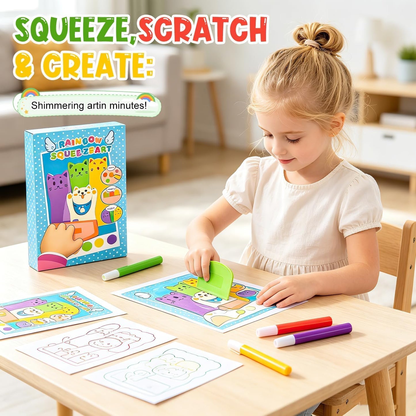 Rainbow Squeeze Art Kit, 2026 Upgrade Magic Rainbow Scratch Paper Art Set, Creative Squeegee Painting Kit DIY Postcards Scratch for Birthday Party Favors (Pink+Blue)
