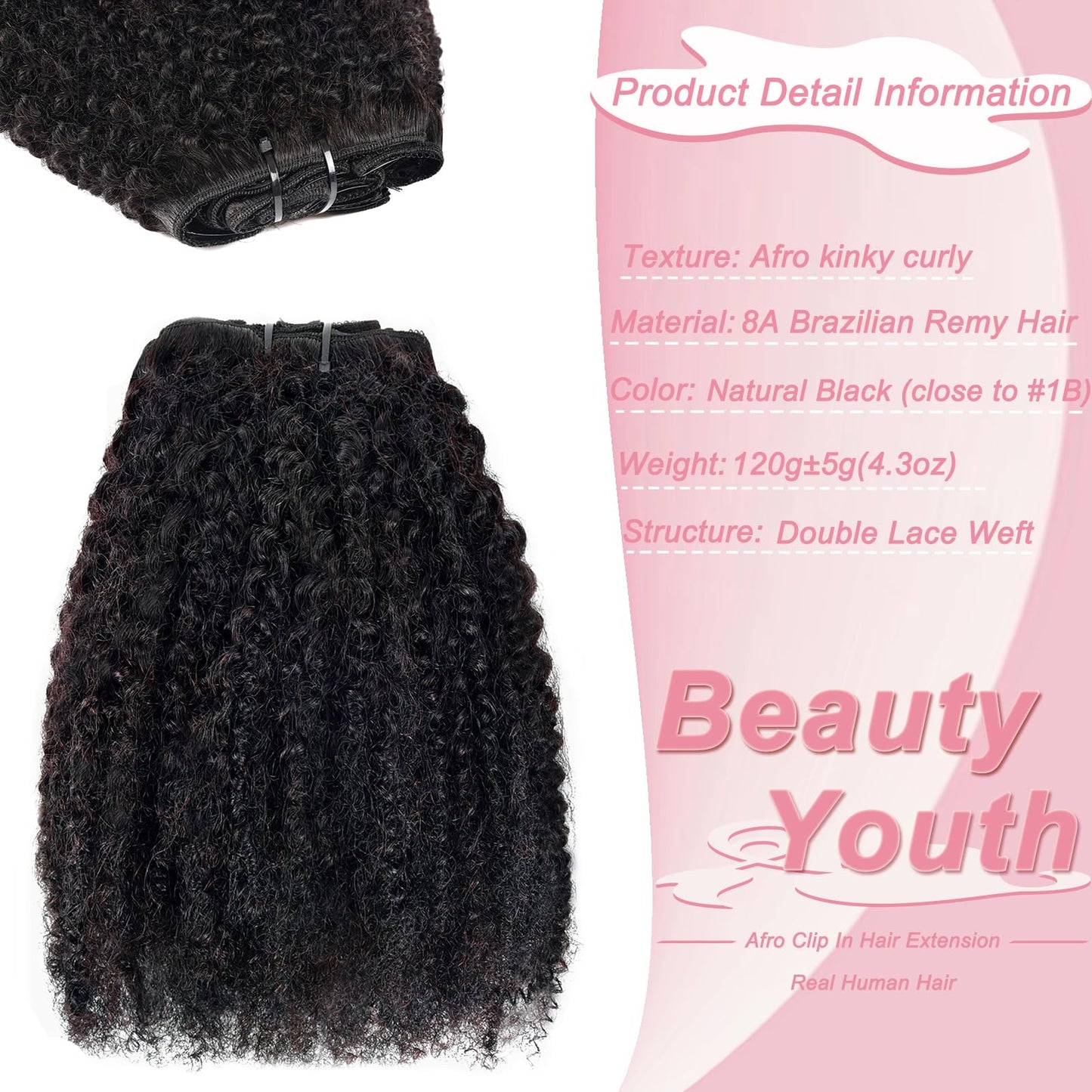 Afro Kinky Curly Clip in Hair Extensions Real Human Hair(12 Inch)8Pcs with 18 Clips 120g/set 10A Brazilian Remy Hair,4B 4C Kinky Curly Clip Ins for Black Women Natural Color