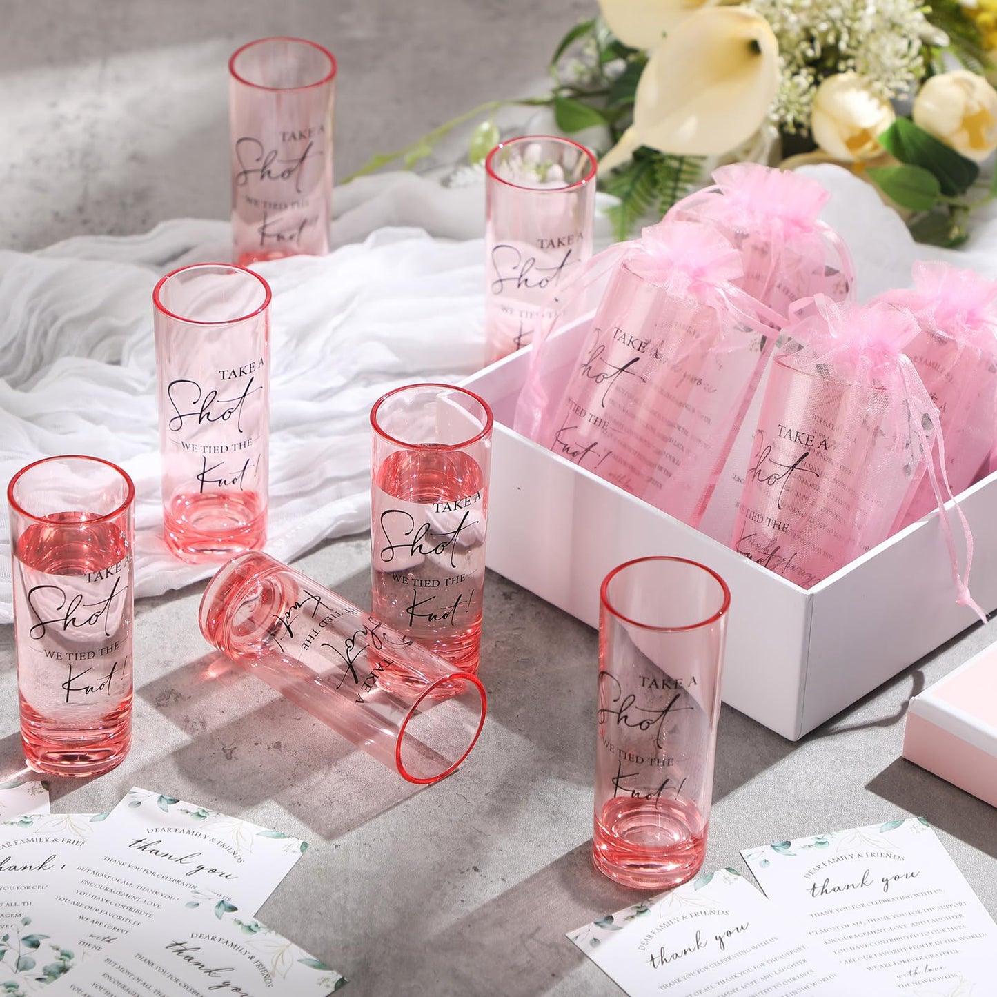 Sliner 50 Set Wedding Favors for Guests Bulk 2oz Acrylic Take a Shot We Tied the Knot Shot Glasses with Thank You Cards Organza Bags for Guest Souvenirs Wedding Newlyweds Bridal Shower Gifts (Pink)