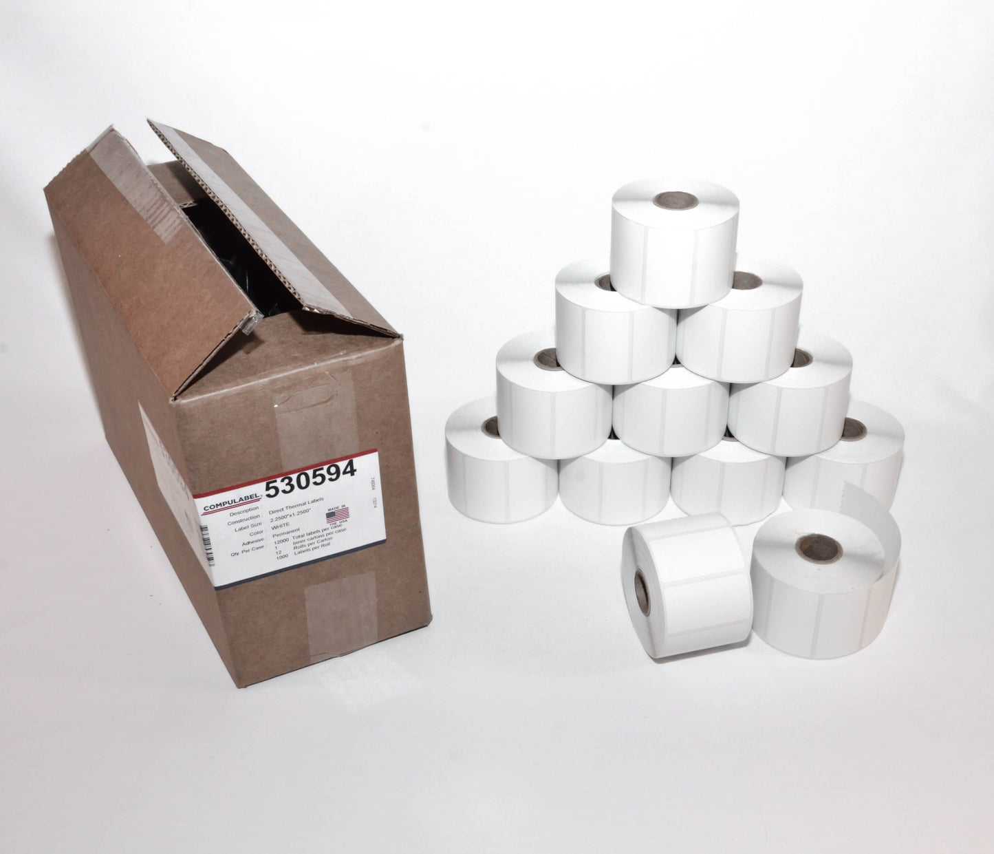 CompuLabel Direct Thermal Labels, 2 1/4 x 1 1/4 Inch, White, Roll, Permanent Adhesive, Perforations Between Labels, 1000 per Roll,12 Rolls per Carton (530594)