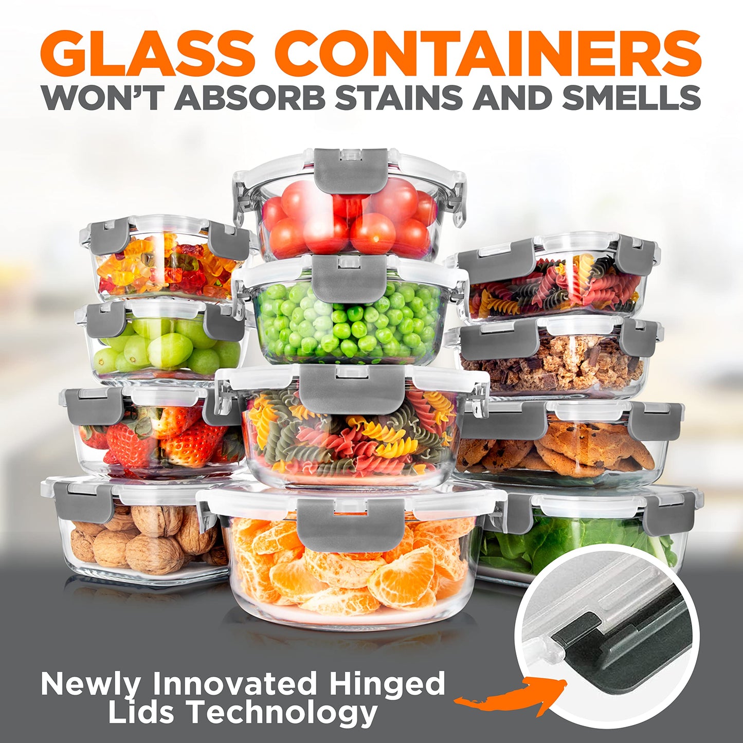 SereneLife 24 Piece Glass Storage Containers with Lids, 12 Pack Glass Meal Prep Container Set for Lunch, Kitchen Storage, Food Storage, Leak Proof, Freezer Safe and Dishwasher Safe, Gray