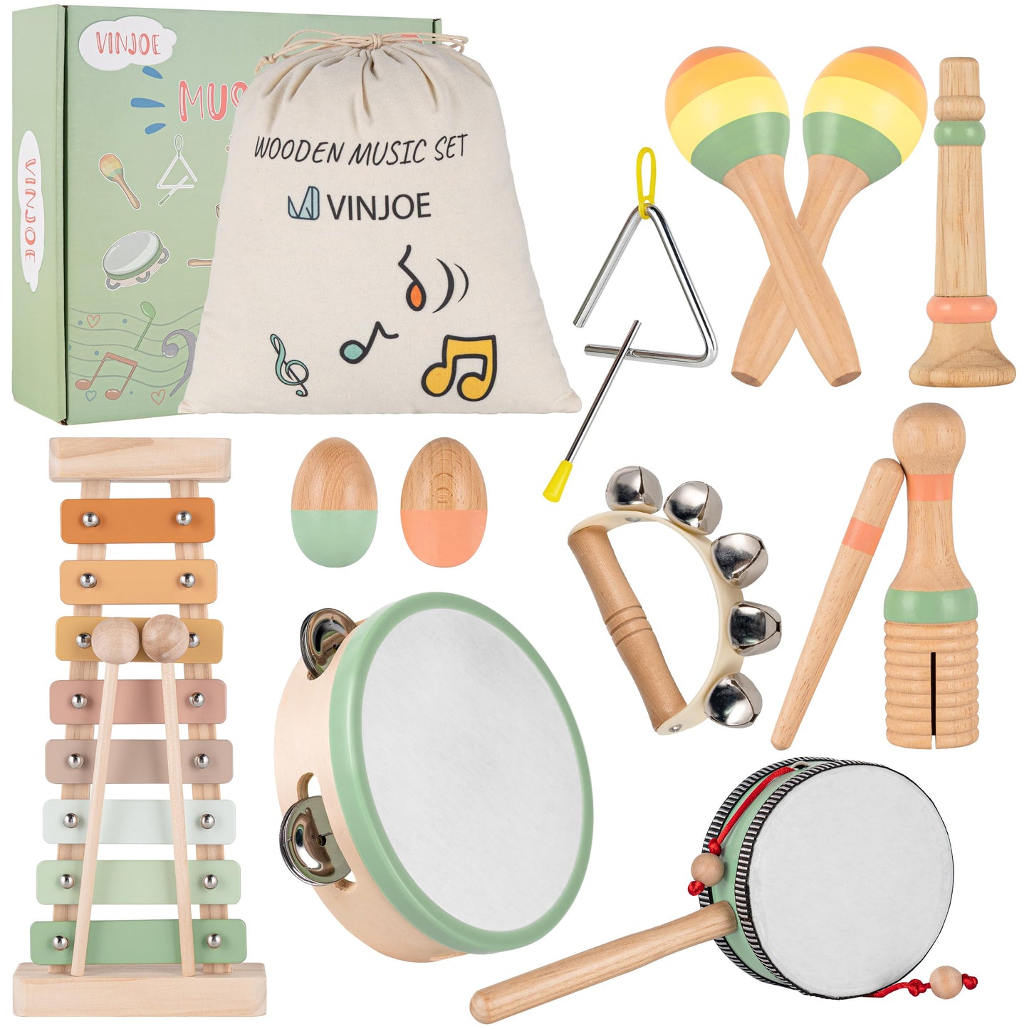 VINJOE Montessori Wooden Musical Instruments for 1-3 Years Old Kids Neutral Colors Early Learning Musical Instrument Set