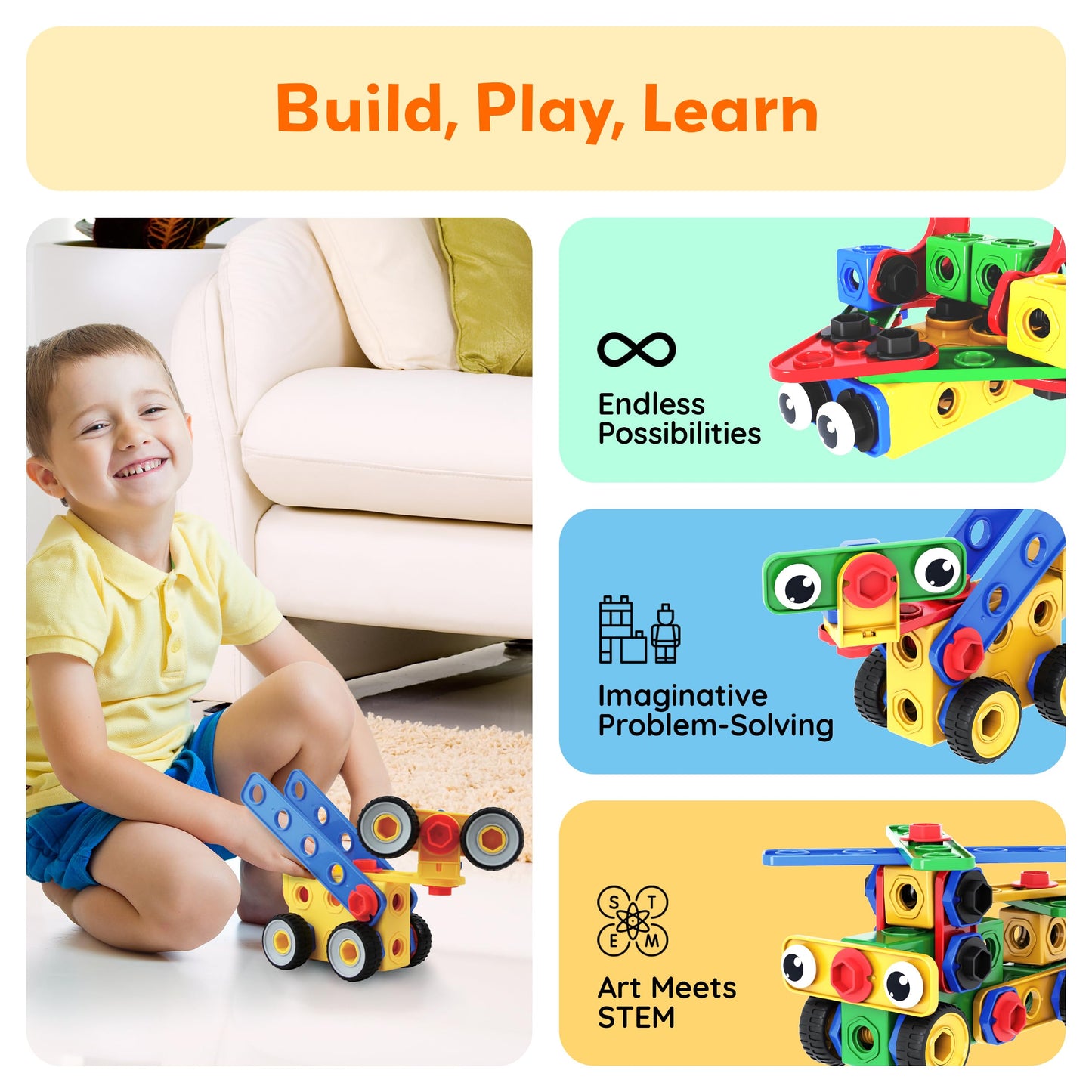 PicassoTiles STEM Learning Toys 201 Piece Building Block Kids Construction Engineering Kit Toy Blocks Children Early Education Playset w/Free IdeaBook, Power Drill, Clickable Ratchet, Age 3+ PTN201