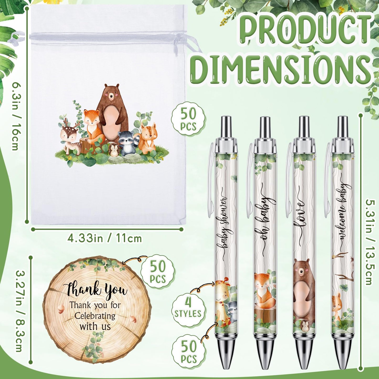 Chuangdi 50 Sets Baby Shower Favors Gifts for Guests Includes 50 Pcs Ballpoint Pens, Thank You Cards and Organza Bags(Woodland Animal)