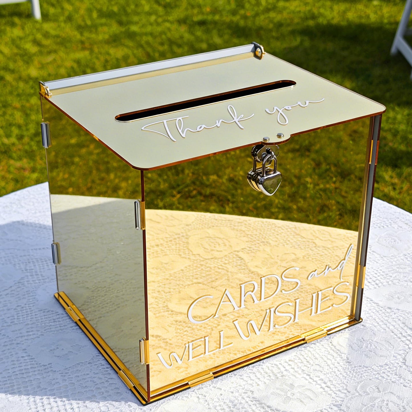 SOFARKKT Acrylic Gold Card Box with Lock & Slot, Metallic Golden Classy Wedding Card Boxes for Reception, Luxury Money Gift Cards Box for Party Engagement Bridal Shower Luxury Wedding Table Decor