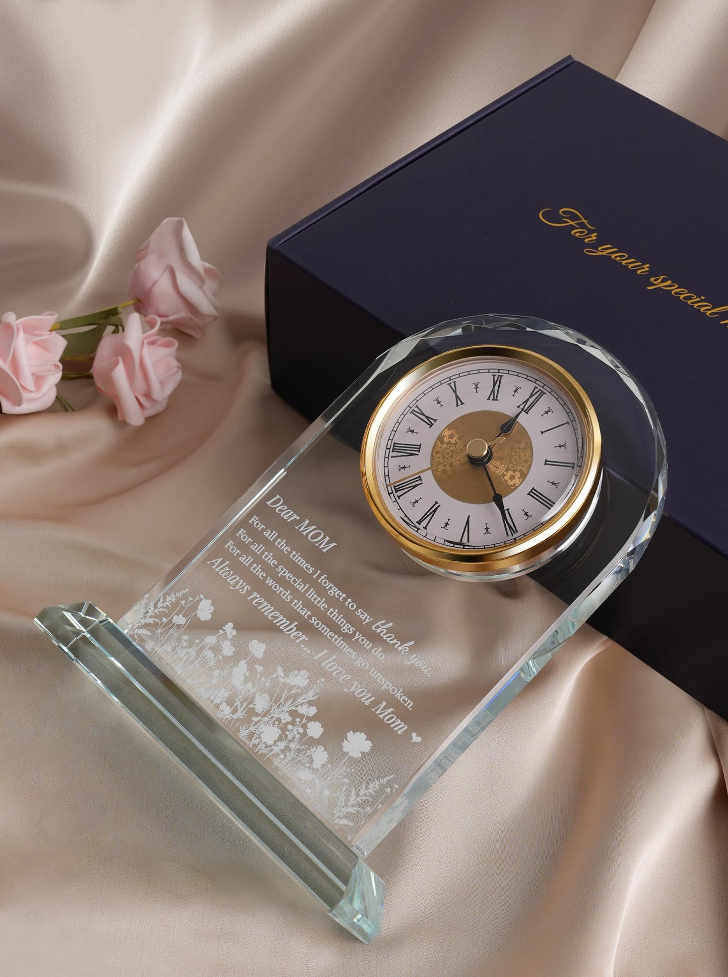 WinTaim Mom Glass Clock Gift from Daughter or Son: Unique Birthday, Christmas, Thanksgiving Blessings, Mother's Day, and Valentine Gifts - Elegant Desk Clock with Base for Mom Who Has Everything