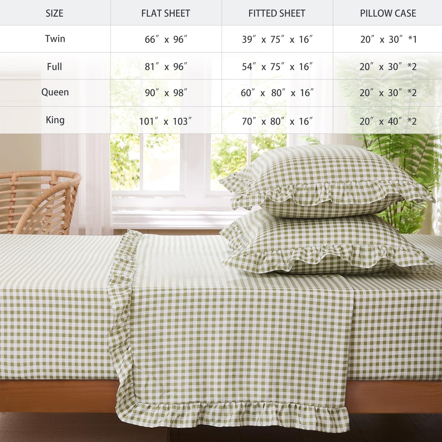 kisswish Gingham Queen Sheet Set, Lightweight Super Soft Brushed Microfiber Plaid Bed Sheets with 16" Deep Pocket, 4 Piece Ruffle Farmhouse Bedroom Decor, Sage Green