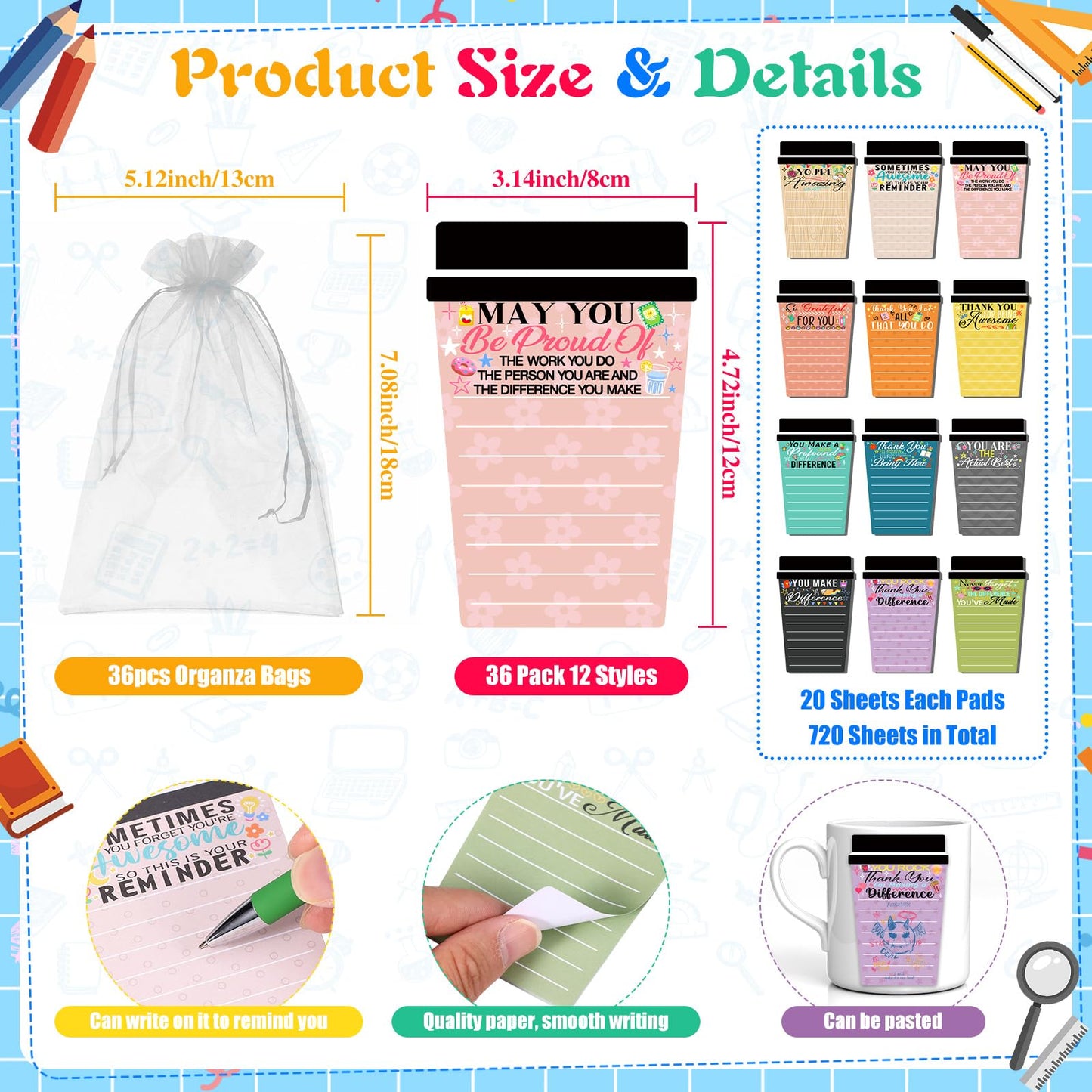 36 Sets Employee Appreciation Gifts Bulk Coffee Cup Sticky Notes with Inspirational Pens, Funny Notepads Motivational Ballpoint Pen Thank You Gifts for Coworker Teacher Nurse Office Supplies