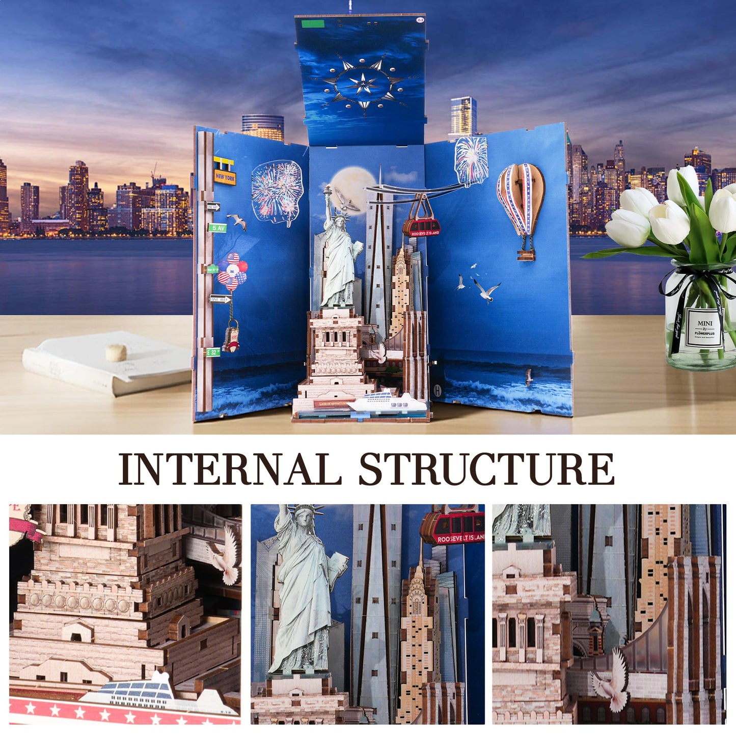 Book Nook Kit, DIY Miniature House Dollhouse Crafts Kit for Adults and Teens, The Statue of Liberty New York Cityline 3D Wooden Puzzle Booknook Build Bookshelf Decor Gifts（Liberty's Legacy）