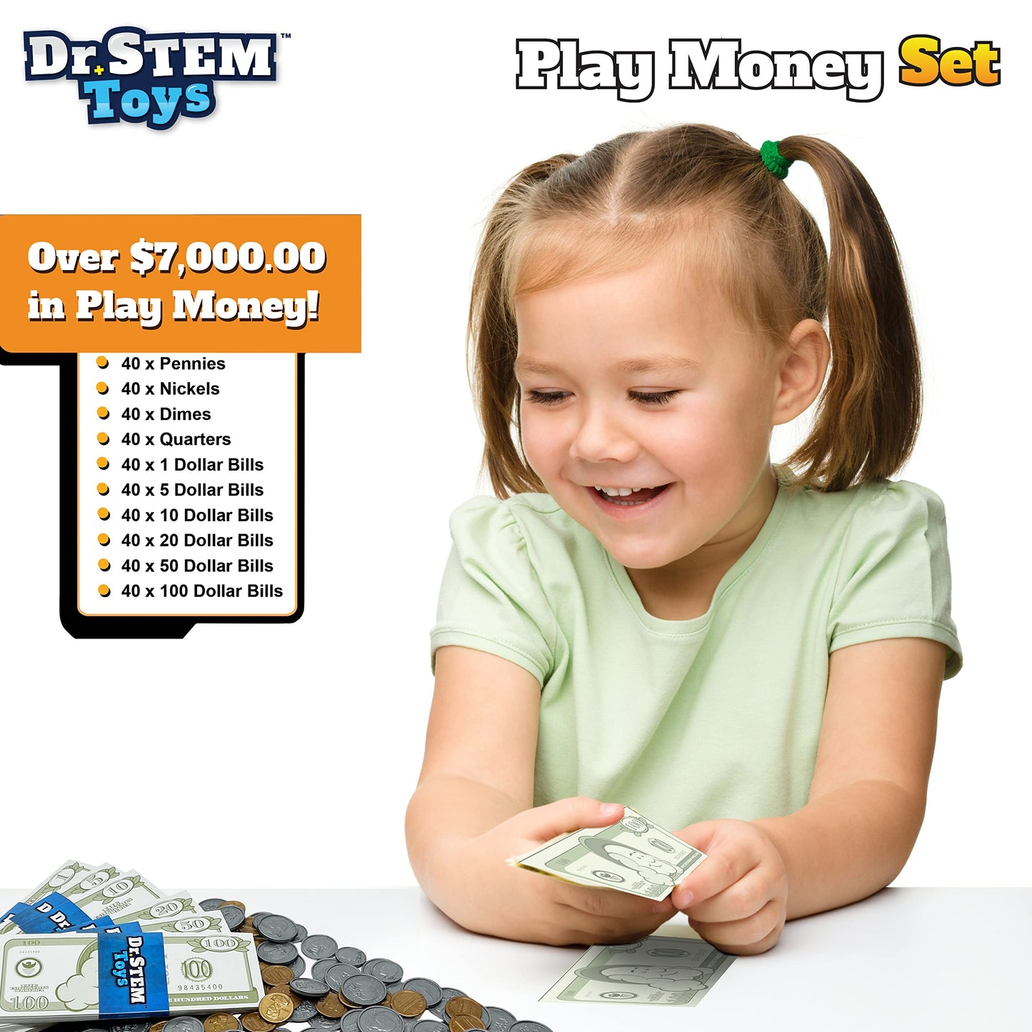 Dr. STEM Toys - Kids Money Set - Durable boxed set provides 400 pieces of realistic fake money bills and fake coins for pretend play, help kids to