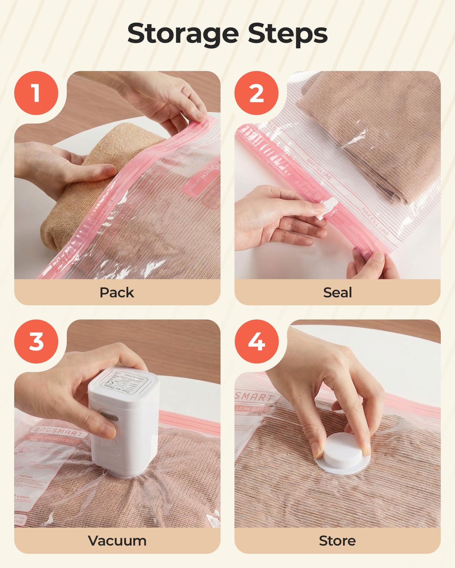 BAGSMART Vacuum Bags for Travel with Rechargeable Air Pump, Portable Space Saver Bags for Travel & Home, Vacuum Compression Seal Bag for Clothing, Blanket, 21 Pack Pink