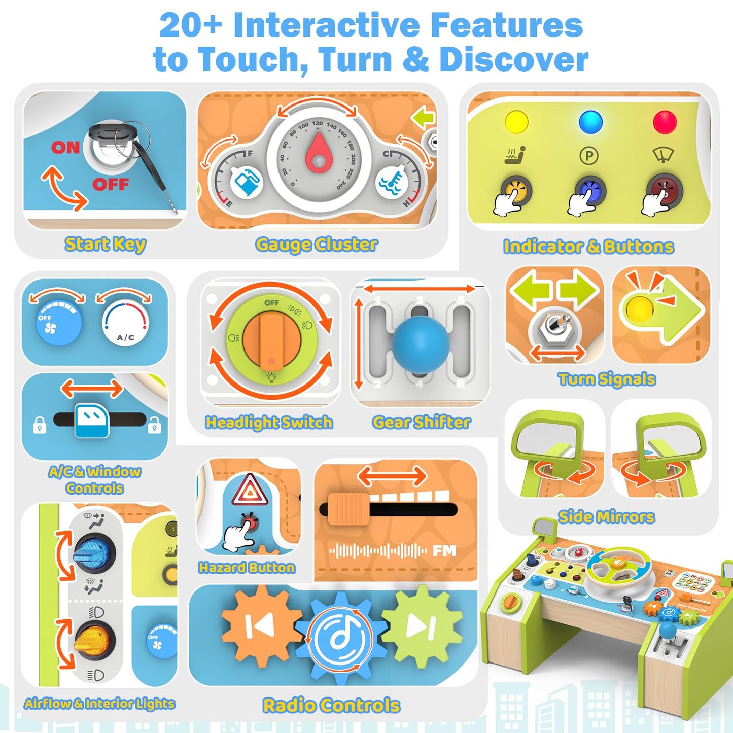 Montessori Wooden Steering Wheel Toy for Toddlers & Kids, Interactive Pretend Driving Dashboard Busy Board with 12 Cars Sounds & Lights, Preschool Learning Sensory Educational Toy, Gift for Boys Girls
