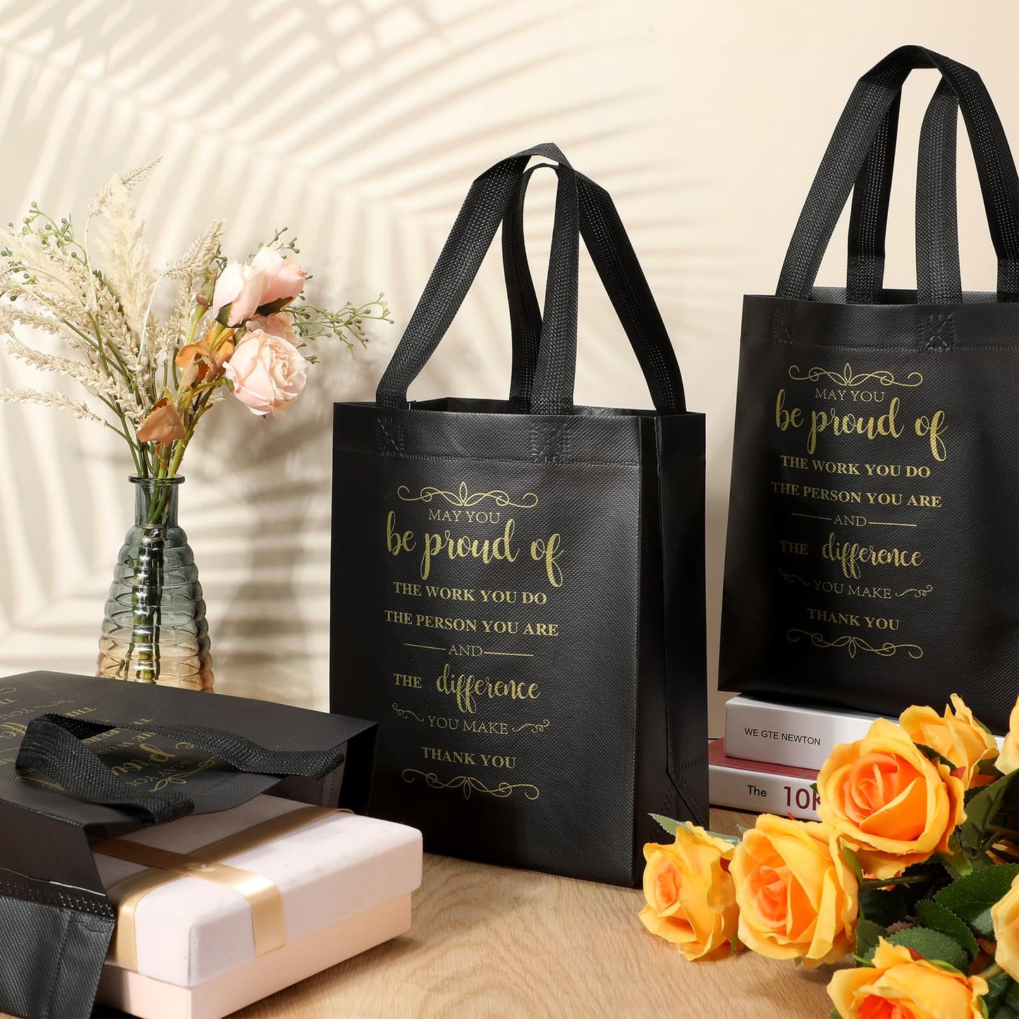 Paterr 100 Pcs Employee Appreciation Gift Bags Bulk 10 x 8 x 4'' Non Woven Thank You Gifts Tote Bags with Handle Inspirational May You Be Proud Gift for Colleague Teacher Doctor(Black)
