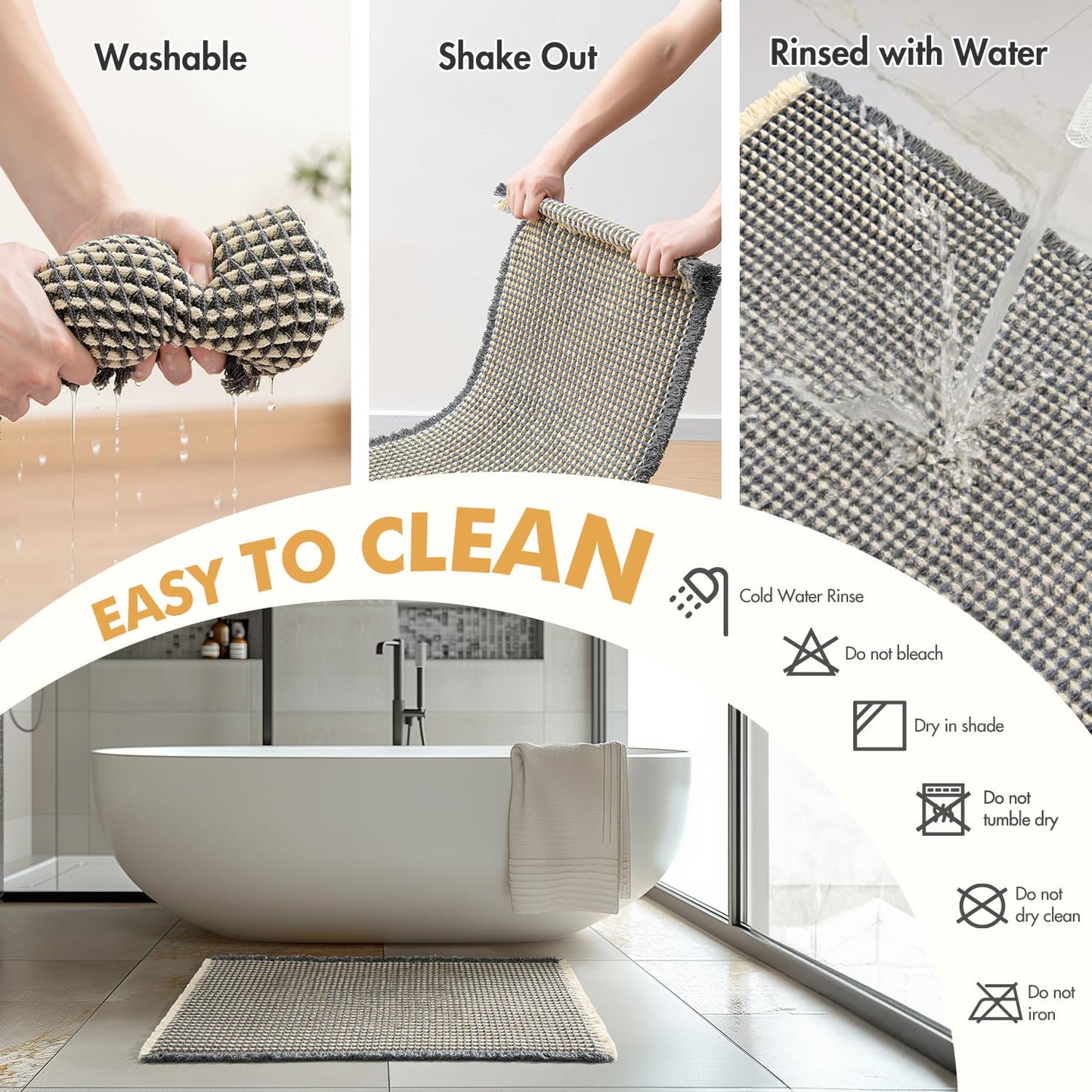 MIULEE Set of 2 Waffle Bathroom Runner Rugs, Boho Bath Rug Non Slip Washable, Super Absorbent Runner Bath Mats, Rubber Backed, Ideal for Hallway Laundry Room, Dark Grey & Yellow, 2'x5'(24x60 Inch)