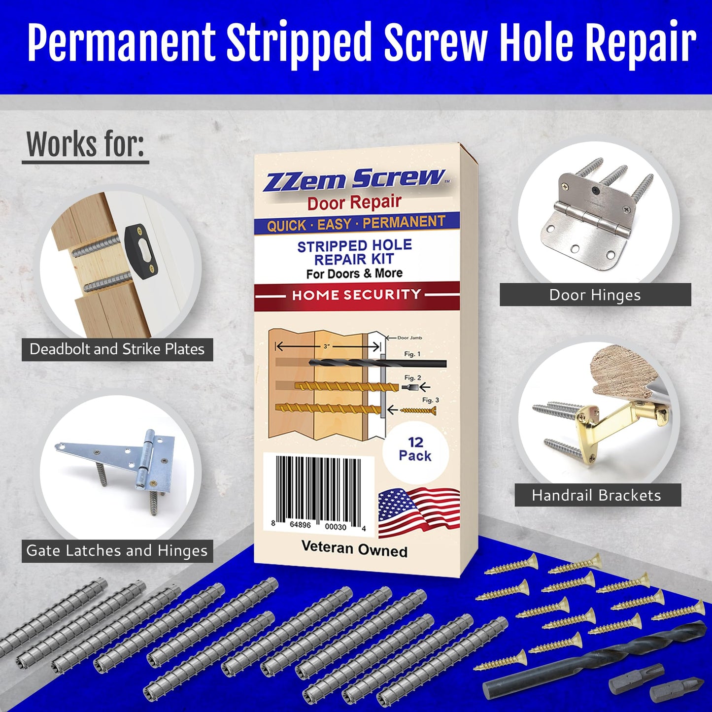 12-PK - #9x3 Steel Screws Permanent Door Hinge Repair Kit – Easy Stripped Screw Hole Repair – Reinforce Door Hinges, Strike Plates & Door Jamb Repair – Quickly Fix Stripped Hinge Screws - Made in USA