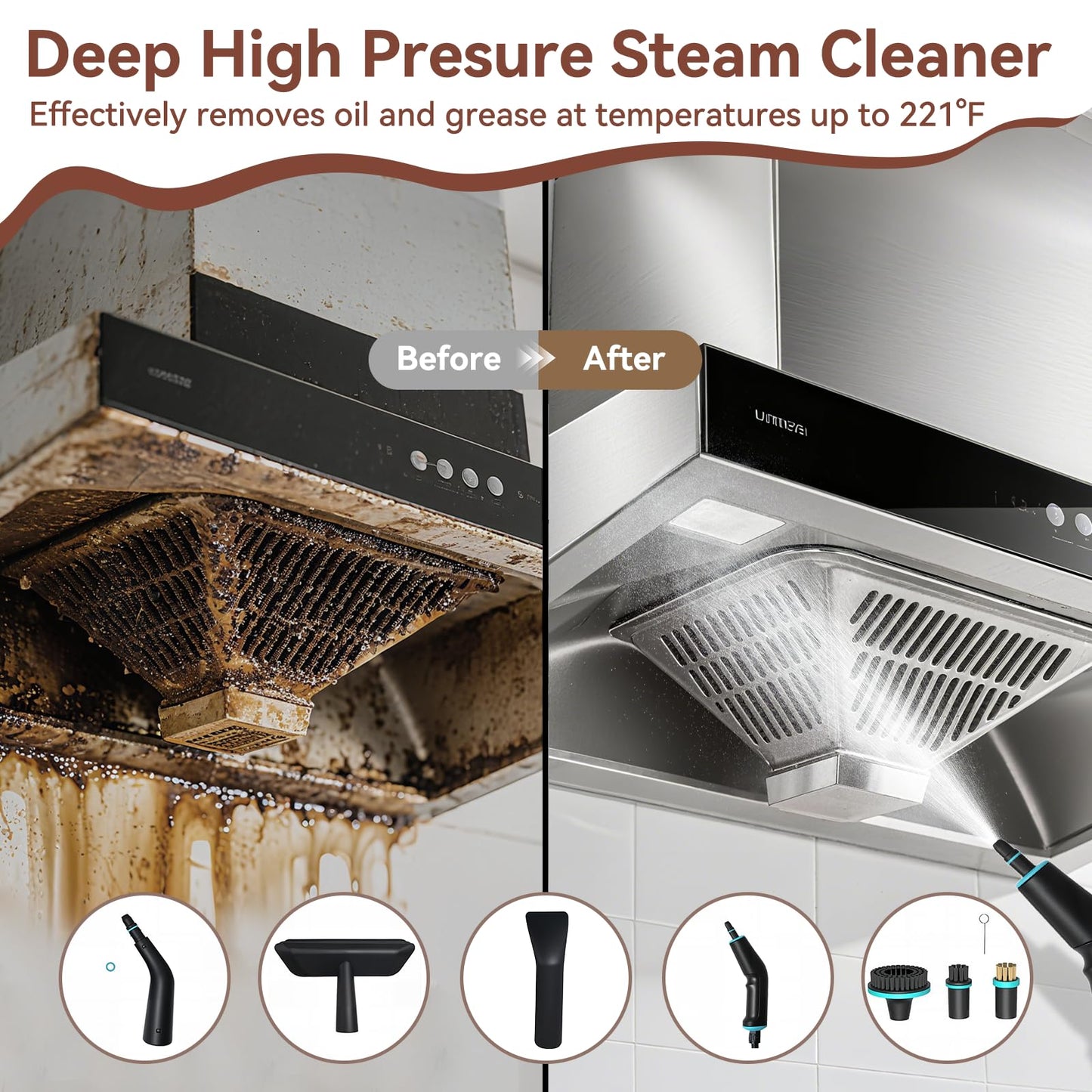 Handheld Steam Cleaner with 1.32 Quarts Tank & 15s fast Heat-Up, 13 Attachments.Portable High Pressuer Hand Held Stemer for home,Kitchen, Bathroom, Windows and Floors.Steamer for Cleaning
