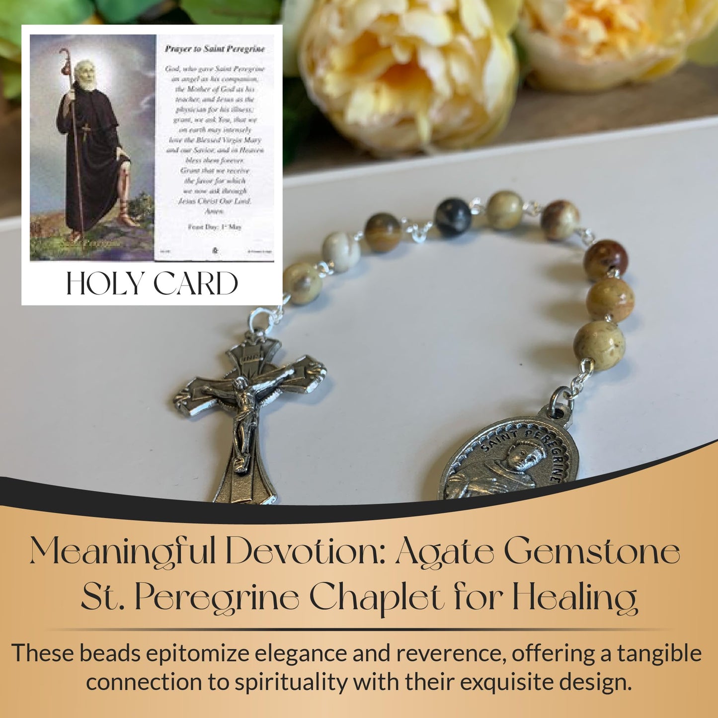Agate Gemstone St. Peregrine Chaplet (Patron Saint of Cancer Patients and Illness) - Includes Holy Card, How to Pray The Chaplet, Gemstone Meaning (Agate Gemstone)