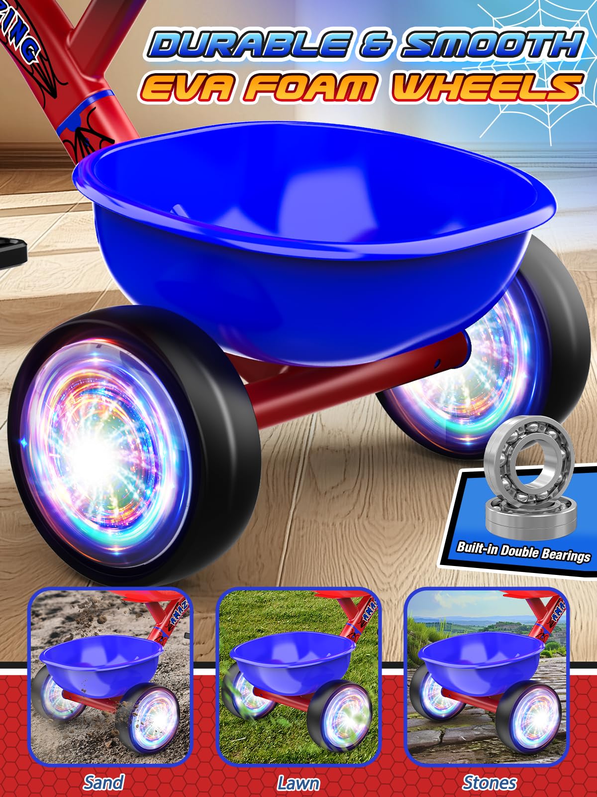 Tricycle Spider Bike Baby Balance with Colorful Lighting Wheels & Large Basket