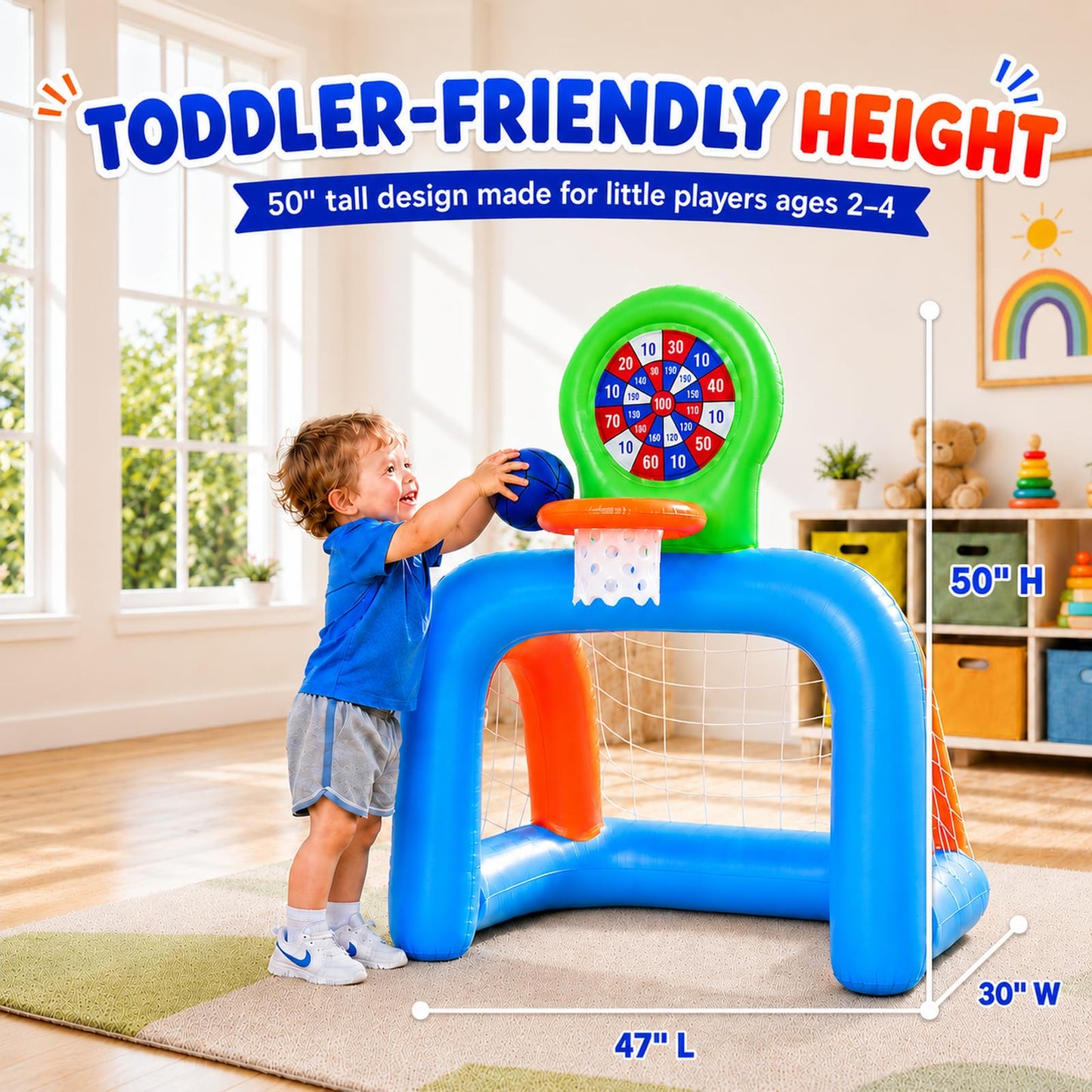 NIBBaNACAL Inflatable Toddler Sports Center – Basketball Hoop & Soccer Goal, 3-in-1 with Sticky Ball Target, Soft & Safe Indoor/Outdoor Set, Ages 2–6