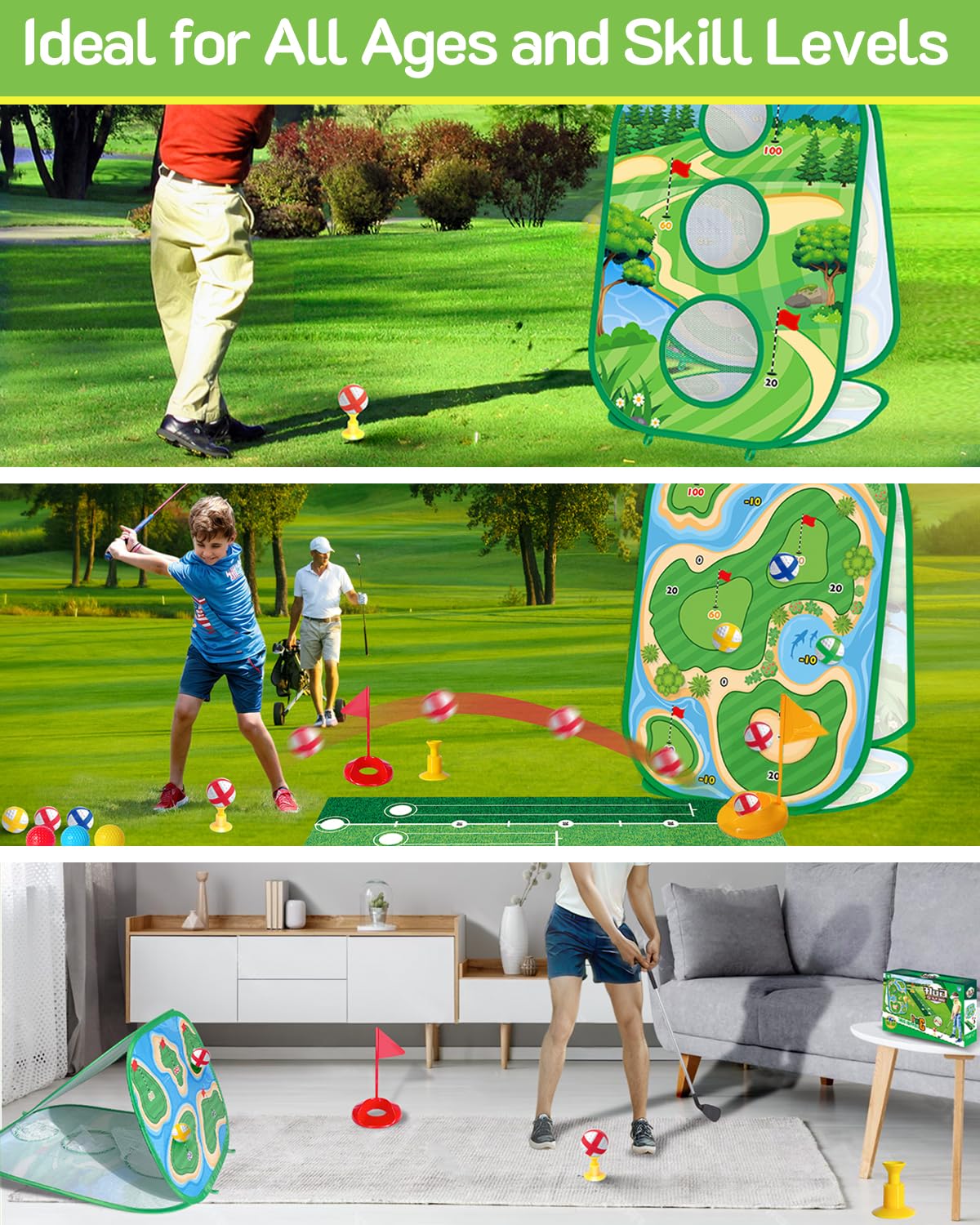 4-In-1 Kids Sticky Golf Games Set With Club, Golf Putting Practice Mat,3-Sided Golf Chipping Net, Multiple Game Modes, Golf Cornhole Board Set, Indoor & Outdoor Golf Practice For Kids & Adults