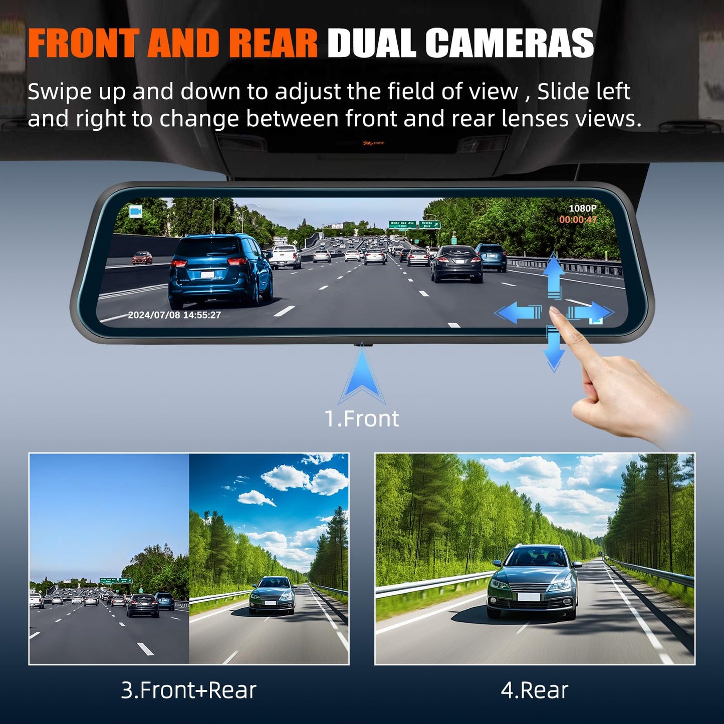 9.66" Mirror Dash Cam,1080P Touchscreen Rear View Mirror Front and Rear View Dual Cameras,Super Night Vision,G-Sensor,Loop Recording,Parking Assistance,24H Parking Monitor,HD Waterproof Backup Camera