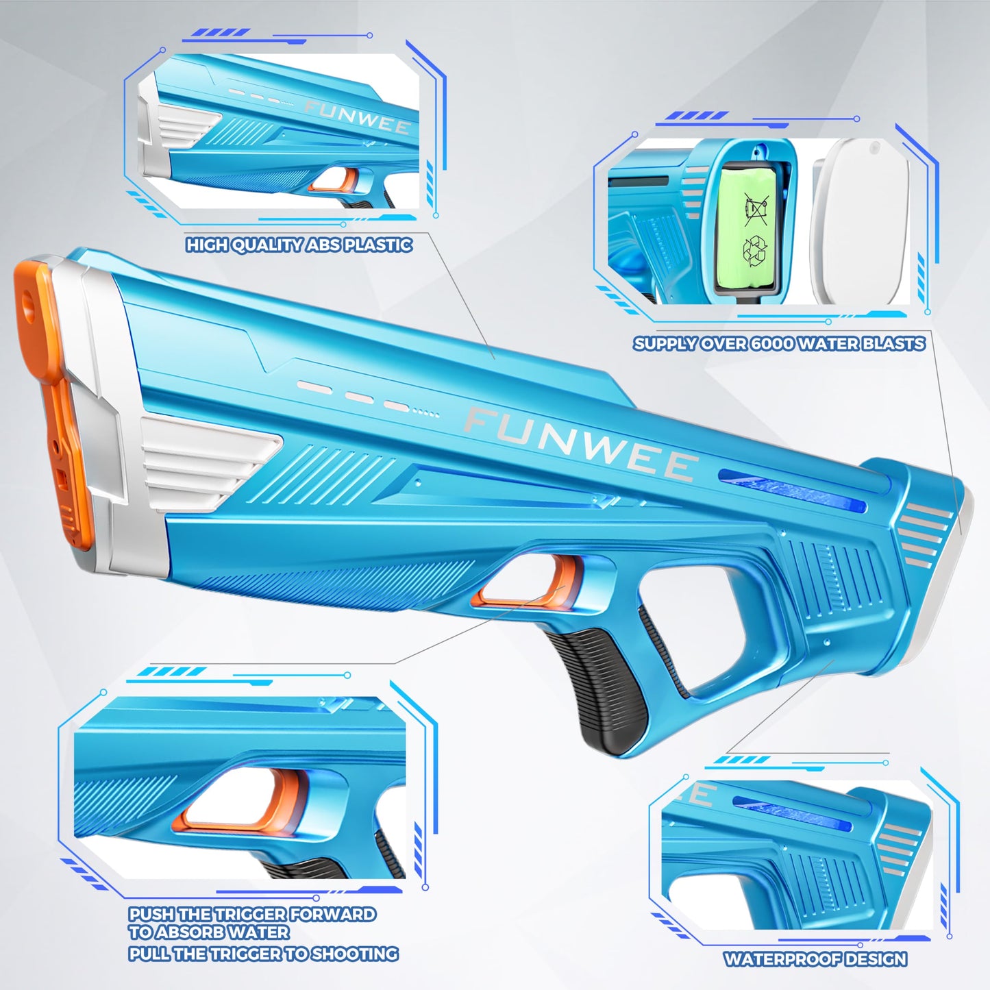 Funwee 2 Pack Electric Water Guns for Adults Kids, Powerful Automatic Squirt Gun, High Powered Shooting 100+ Blasts, Strongest Auto Water Blaster, Long Range, Pool Water Toy Outdoor Game