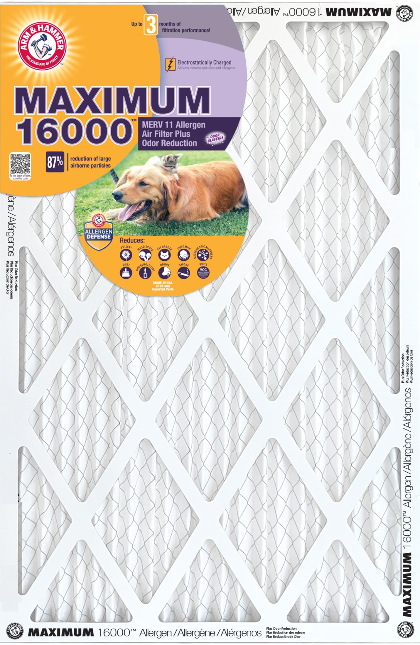 Arm & Hammer Max Allergen & Odor Reduction 18x18x1 Air and Furnace Filter, MERV 11, 4-Pack