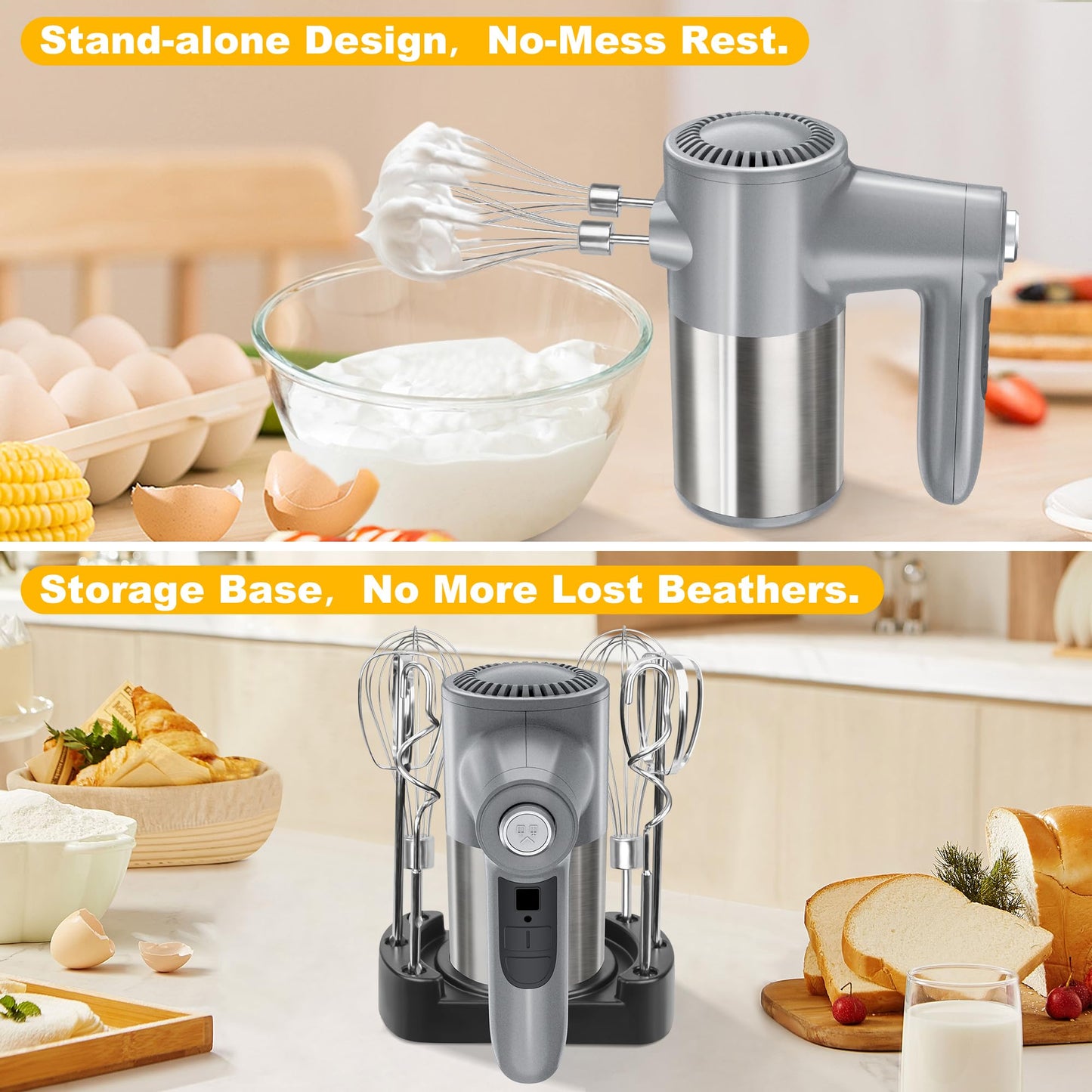 Cordless Electric Hand Mixer, 7 Speed Rechargeable Wireless Handheld Mixer with Eject Button, Long Battery, Quiet Anti-Splash, 6×304 Stainless Steel Attachments & Storage Base for Baking (Silver)
