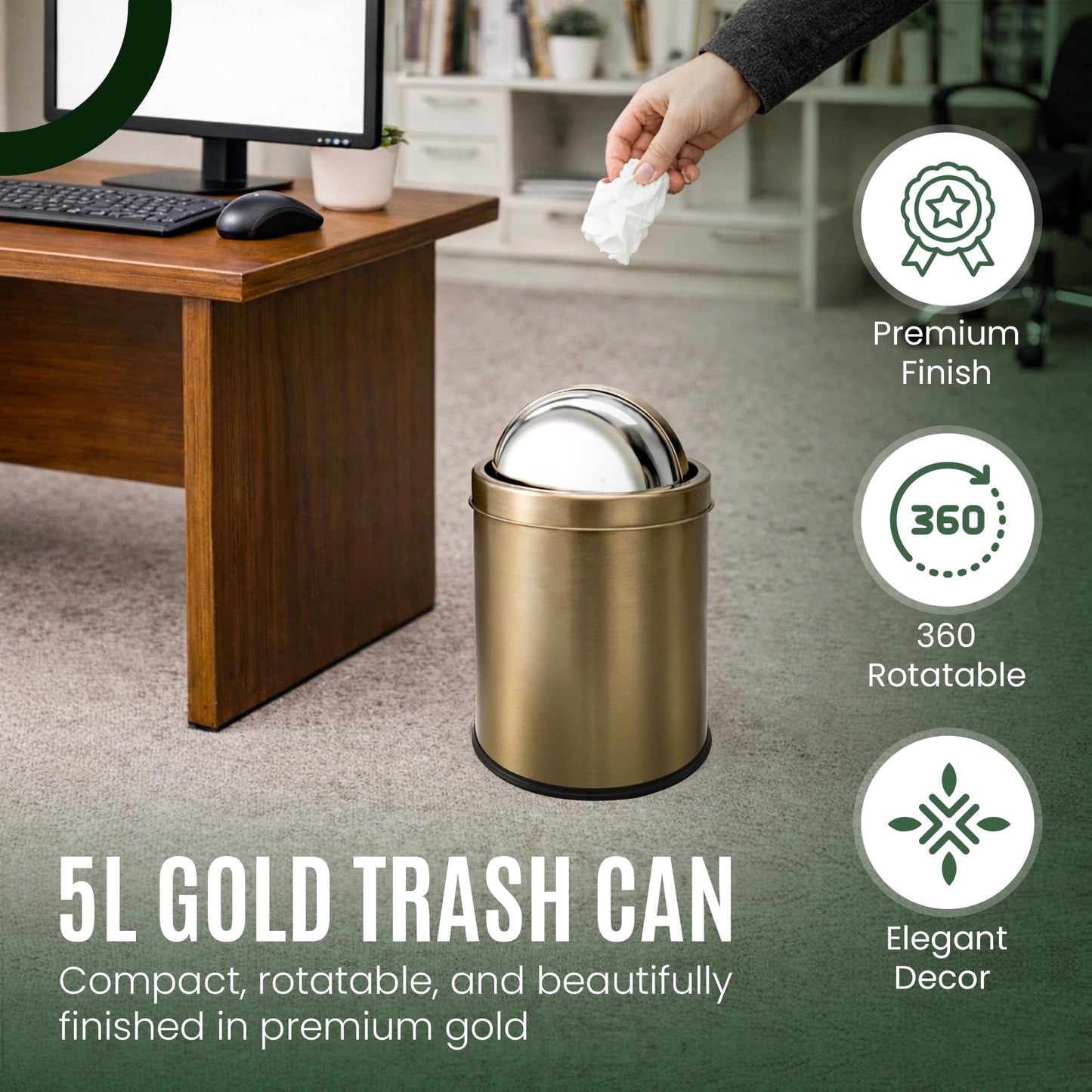 Gold Trash Can | Bathroom Garbage Bin with Lid | 5L Small Metal Wastebasket | Stainless Steel Rubbish Can | Non Slip Base | Simple Human Garbage Can | Office Wastebasket |
