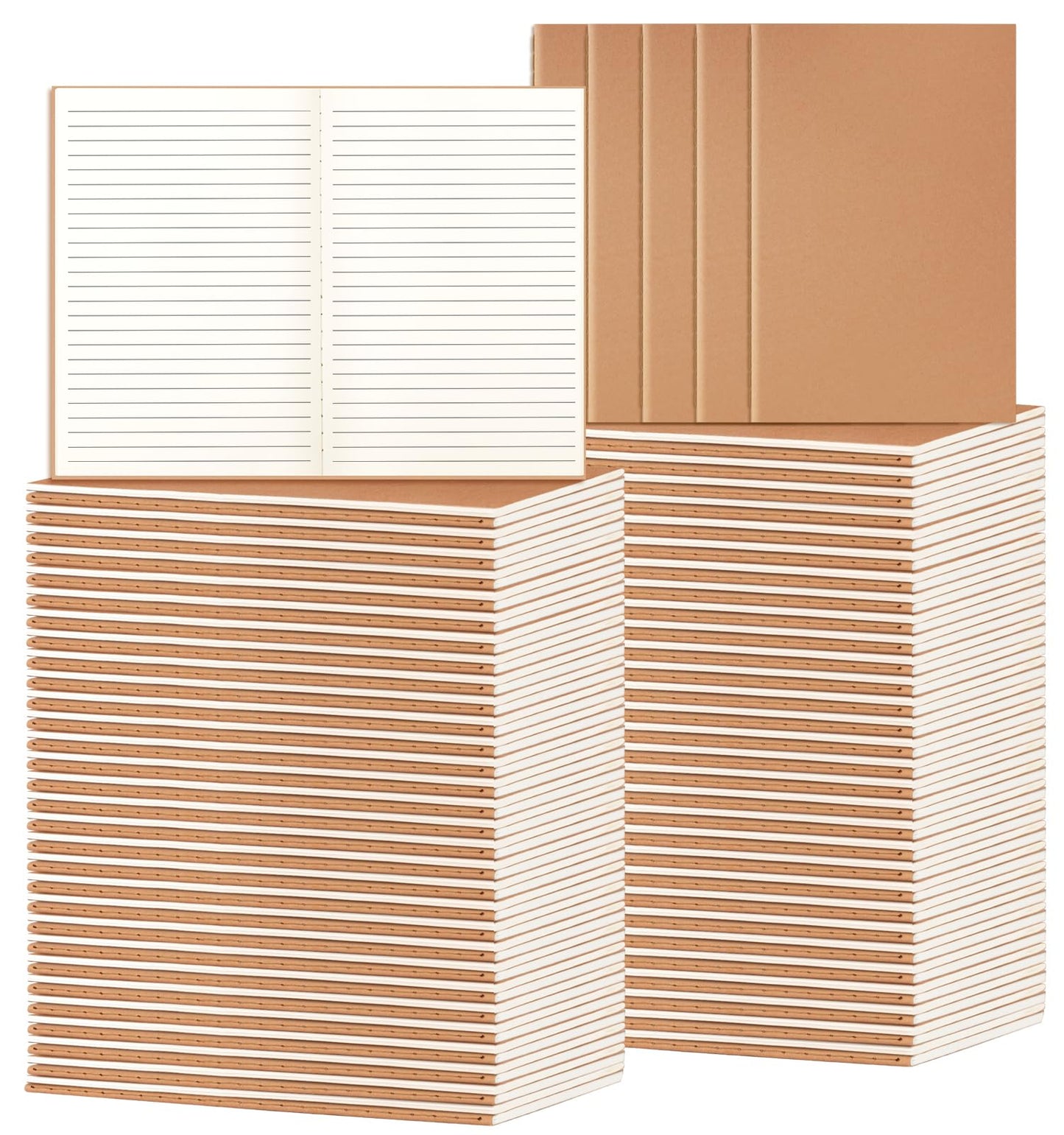 ALKALO 100 Pack A5 Ruled Lined Kraft Notebooks Bulk, Journaling Notebooks, Soft Cover Composition Notebook, 8.3x5.5 Inches 60 Pages Travel Journal Notebooks Set for Work, School, Writing