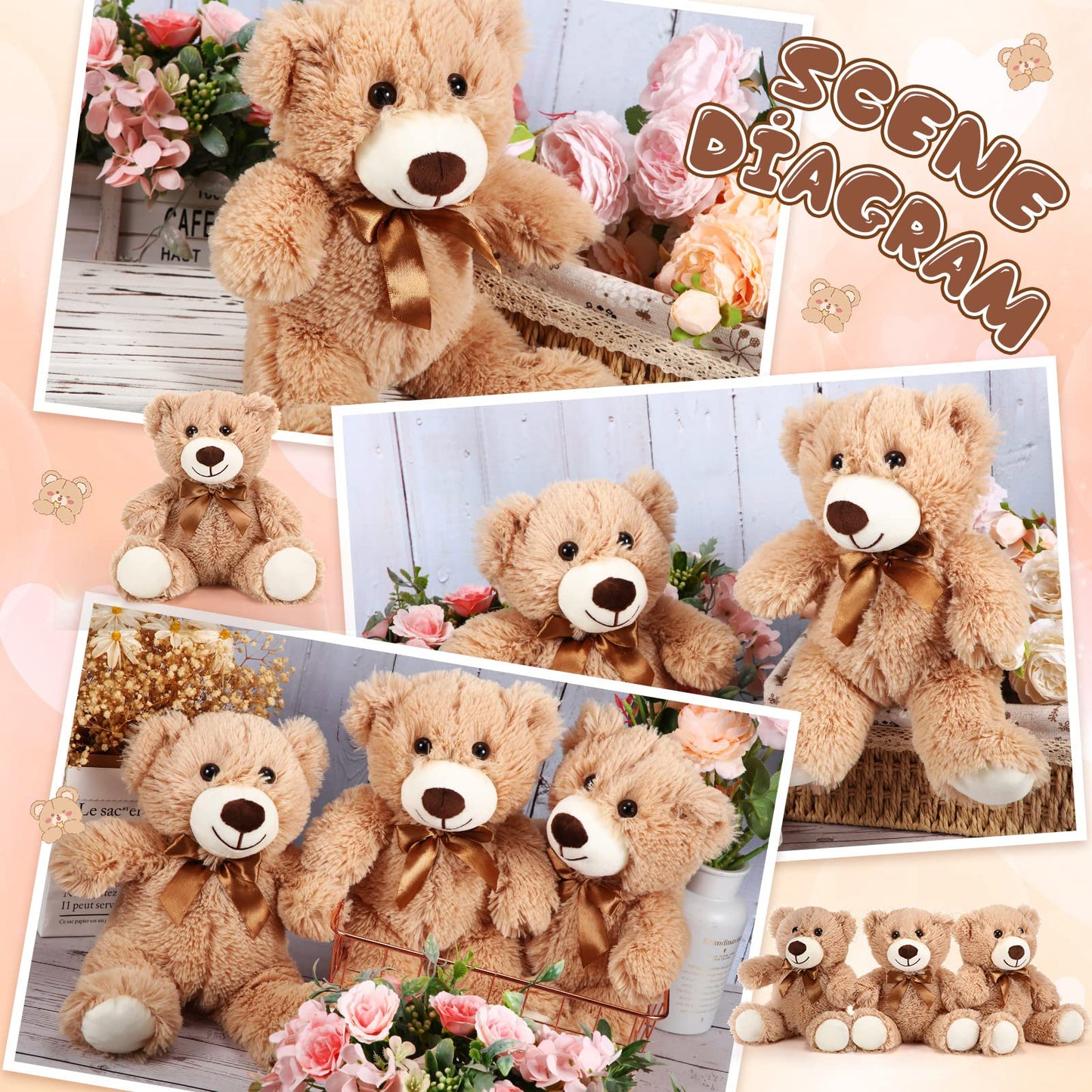 HyDren 12 Pieces Valentine‘s Day Bears Stuffed Animals Soft Plush Toy Bears for Birthday Party Easter Wedding Baby Shower Christian Charity Donation Supplies(Light Brown)