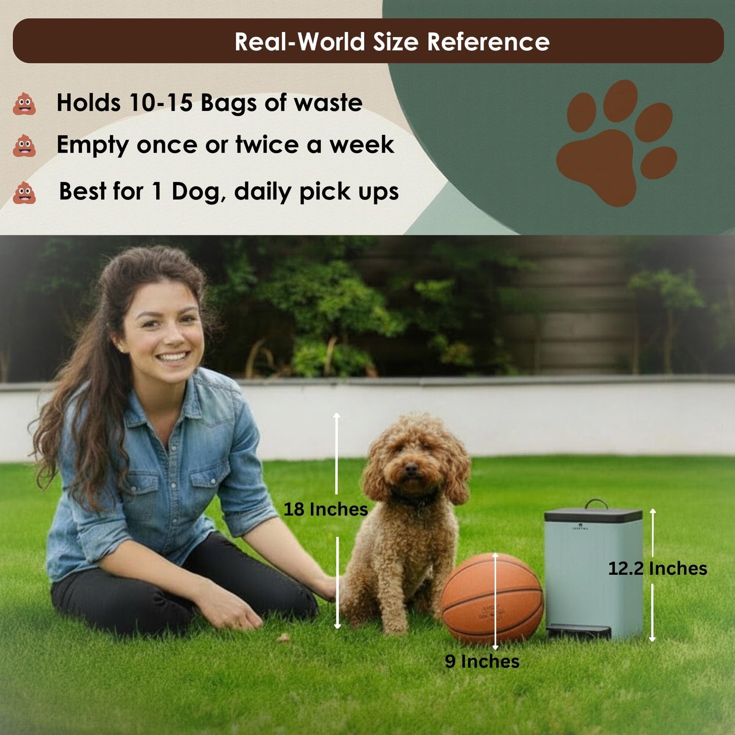 LUXETAIL Small Dog Poop Trash Can Outside – 6L/1.6 Gallon Dog Small Trash Can with Lid, Odor-Locking Carbon Filter System, Hands-Free Stainless Steel Pedal, Easy-Clean Removable Bucket, Sage Green