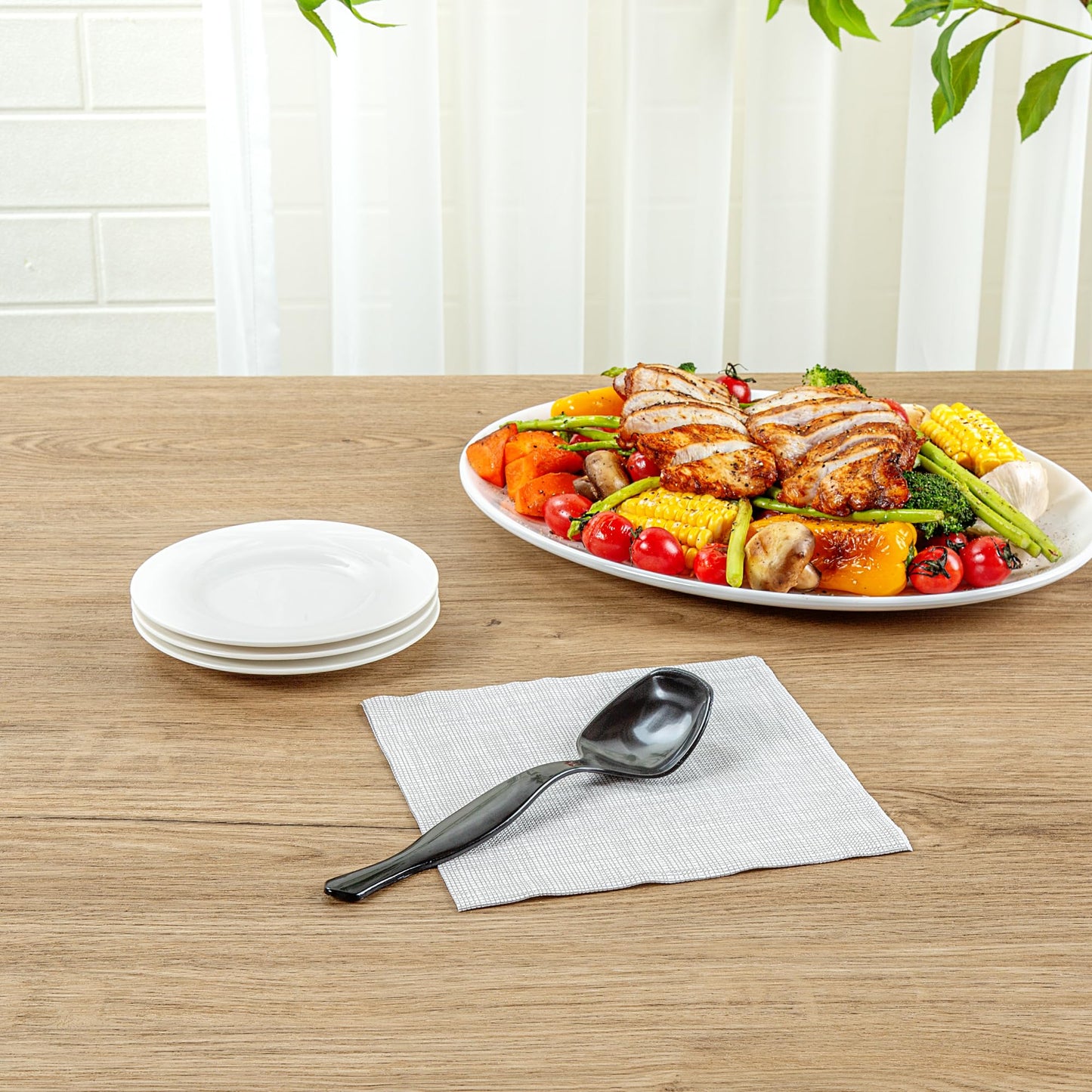 Restaurantware-Cater Tek 8 Inch Serving Spoons, 100 Disposable Spoons For Catering - Ergonomic Handle, Heavy-Duty, Black Plastic Food Spoon, Elegant, For Weddings, Buffets, Or Catering Events