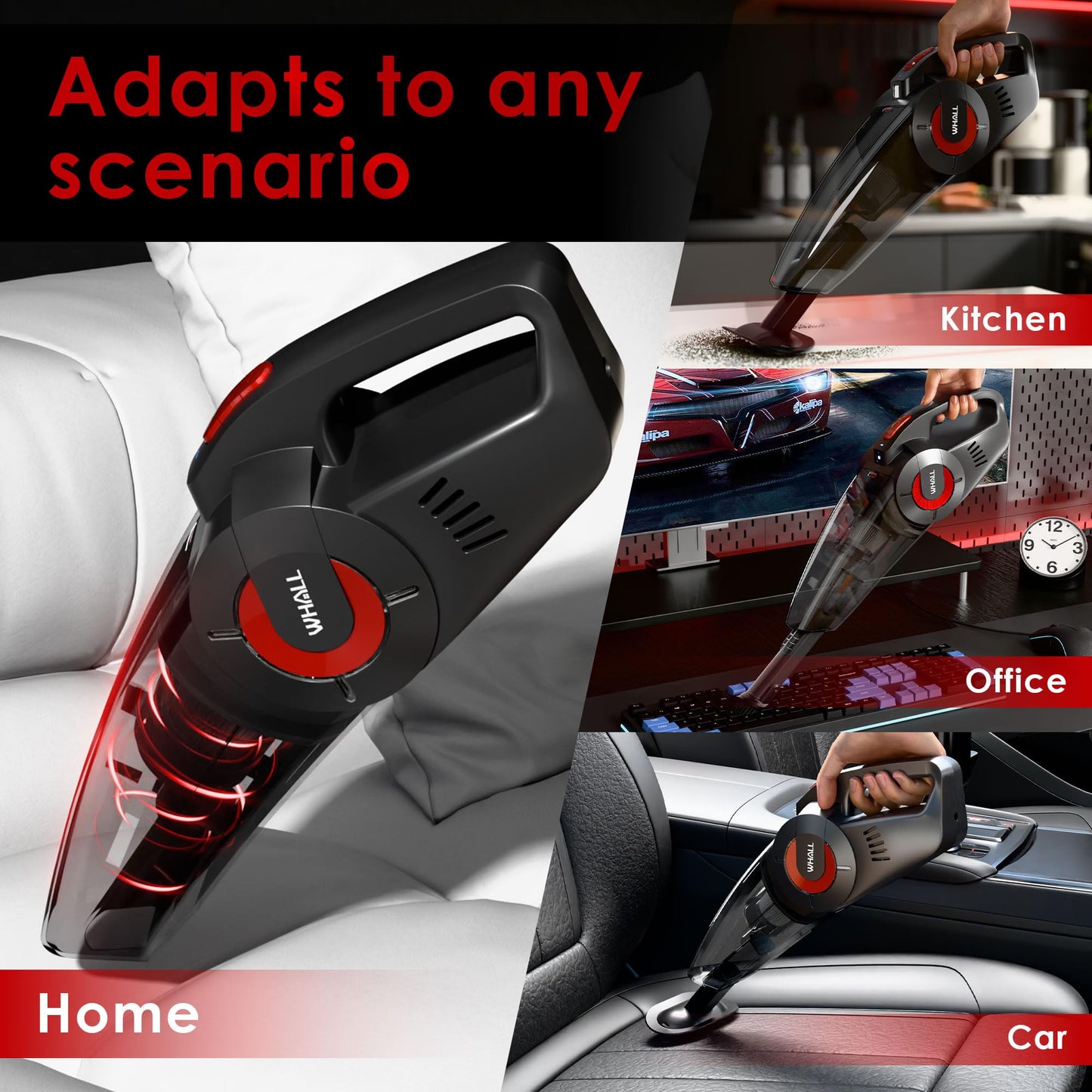 whall Handheld Cordless Car Vacuums, Wet and Dry Use 9000Pa Strong Suction Vacuums, Rechargeable Portable Vacuum Cleaner with LED, Charging Dock, Lightweight Mini Vacuum for Car, Home and Office, Red