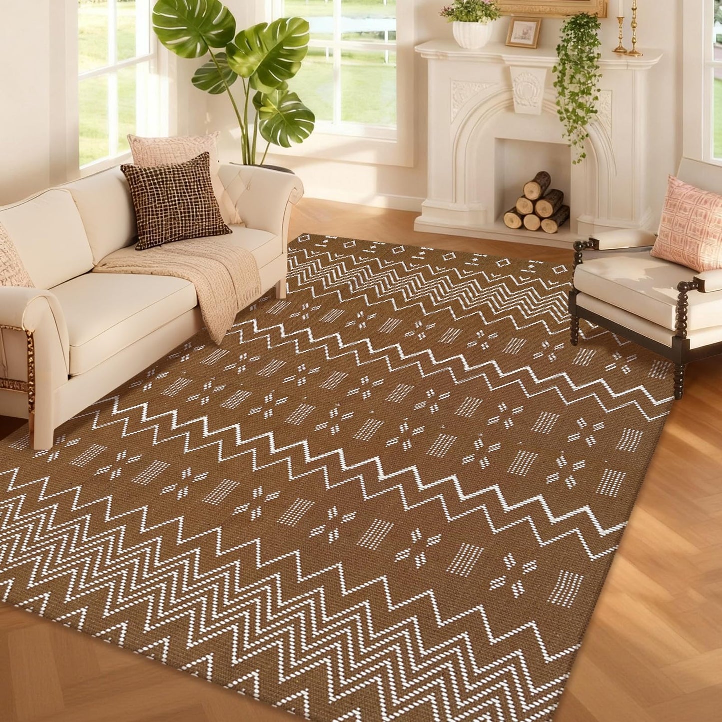 winolive Washable Area Rug 5x7 ft,Rubber Backed Non Slip Faux Jute Rug for Office,Living Room and Bedroom Braided Rug,Indoor Floor Carpets for Dining Room,Farmhouse,Brown/White