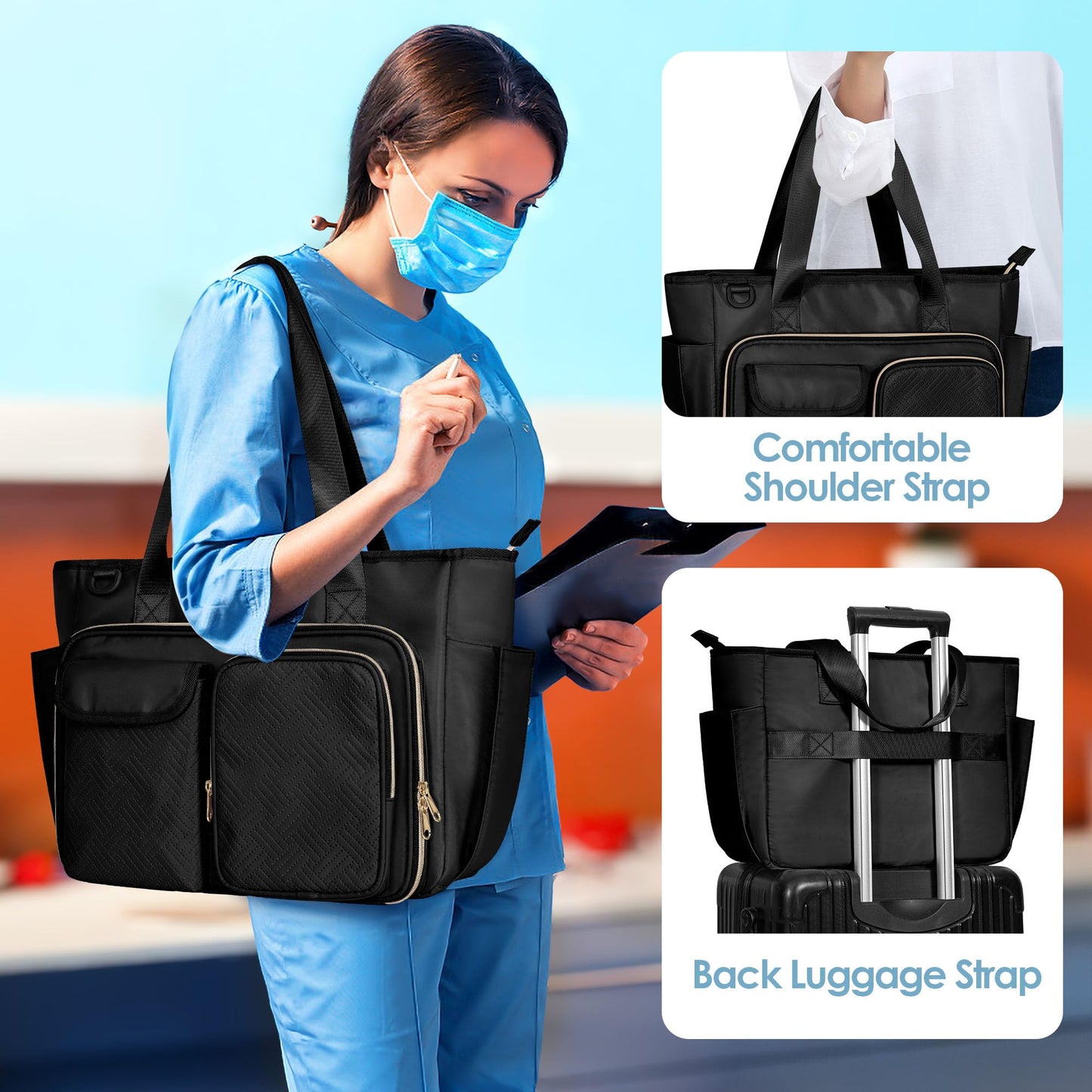 Fasrom Nurse Bag for Work with 15.6 Inches Laptop Sleeve, Medical Bag Tote to Hold Nursing Clinical Essentials for Home Health Nurses, Black(Patent Design, Empty Bag Only)