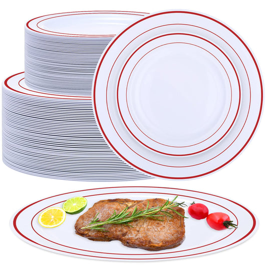 100 Pieces Party Plates Disposable Dinnerware Set 50 Guests Disposable Plastic Dinnerware for Party Dinner and Salad Plates, Plastic Plate with Elegant Rim for Wedding Graduation Party(Red Rim)