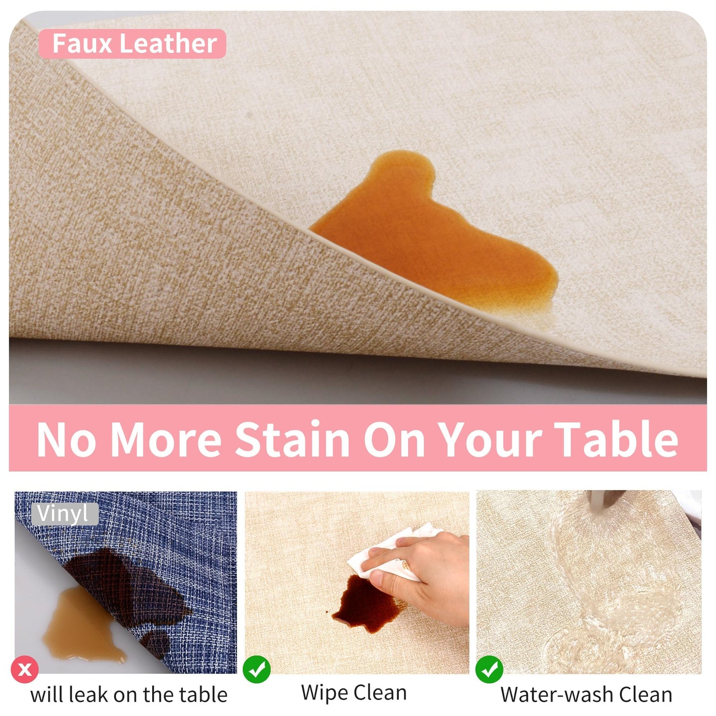 Maxpearl Faux Leather Placemats Set of 8 – Waterproof, Wipe Clean, Heat Resistant, Non-Slip Dining Table Mats for Indoor & Outdoor Use, 17”×12”, Beige