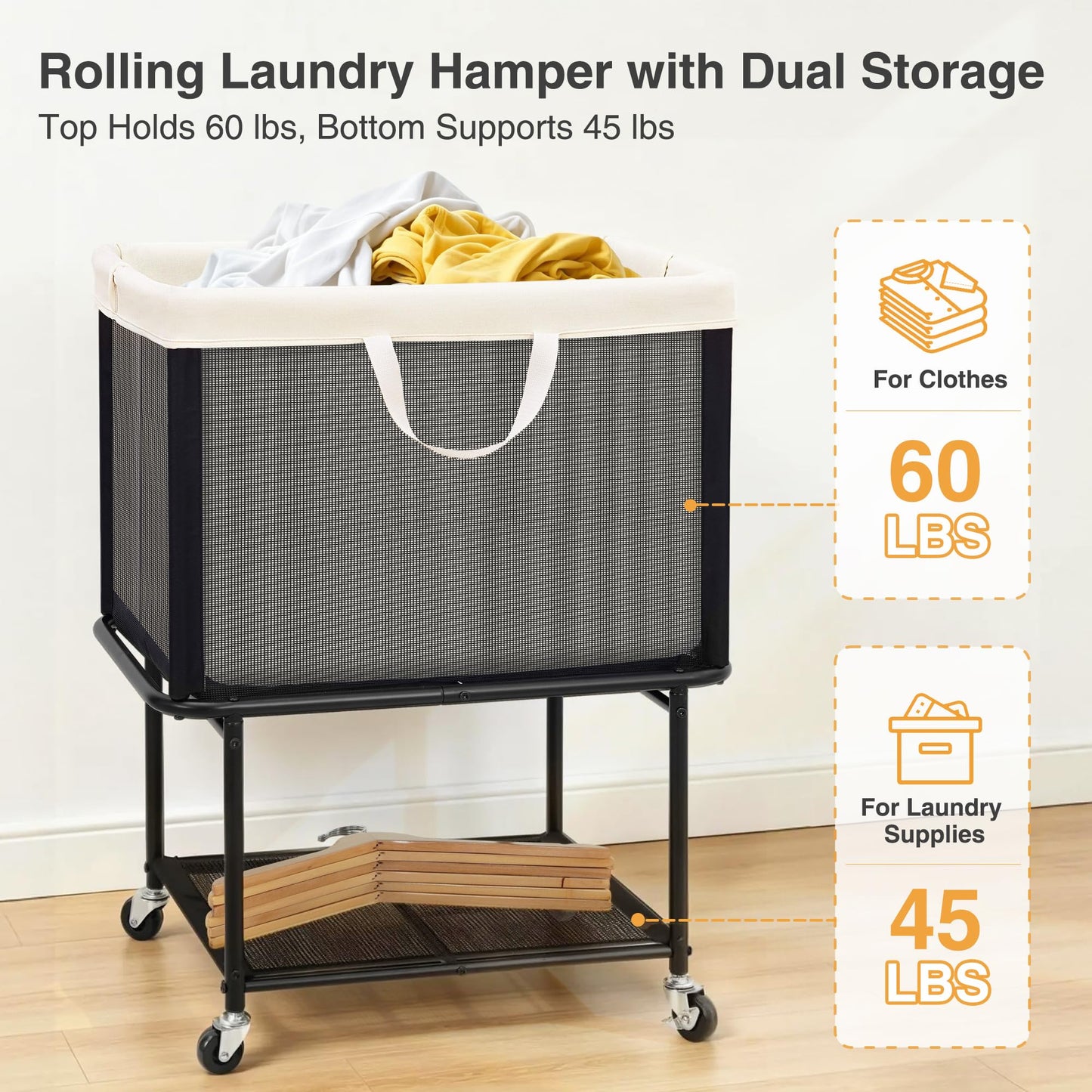 STO STO Rolling Laundry Hamper with Lockable Wheels, 29-Gallon (110L) Laundry Cart with Removable Canvas Bag, 2-Tier Clothes Basket Hamper with Shelf for Closet, Bedroom, Bathroom, Laundry Room, Beige