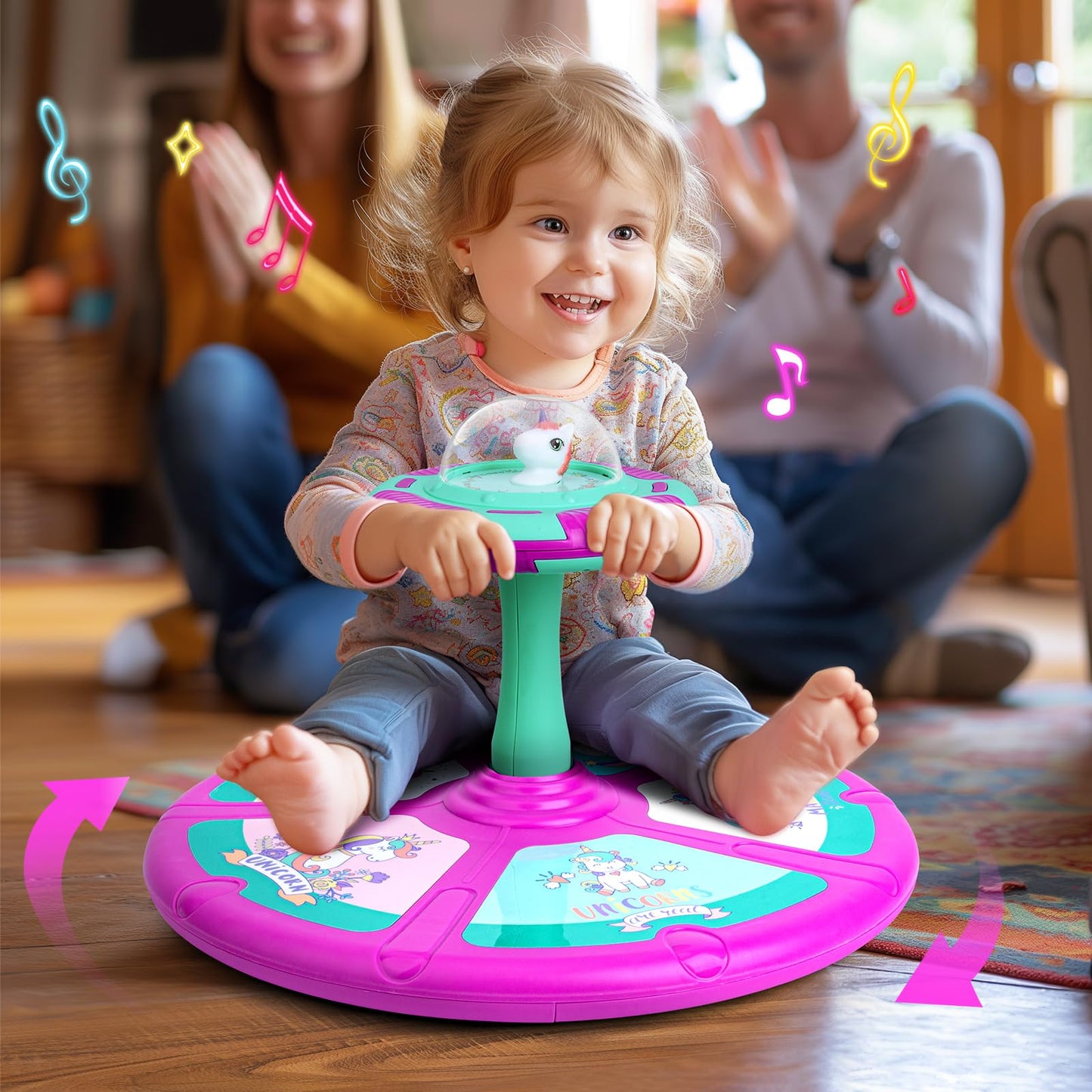 RMOKA Unicorn Sit and Spin Toy for Toddlers Girls Ages 1-3 2-4, Birthday Gift for 2 3 4 Years Old Girl, 360° Spin Seat Kids Indoor Interactive Sensory Toy with LED & Music