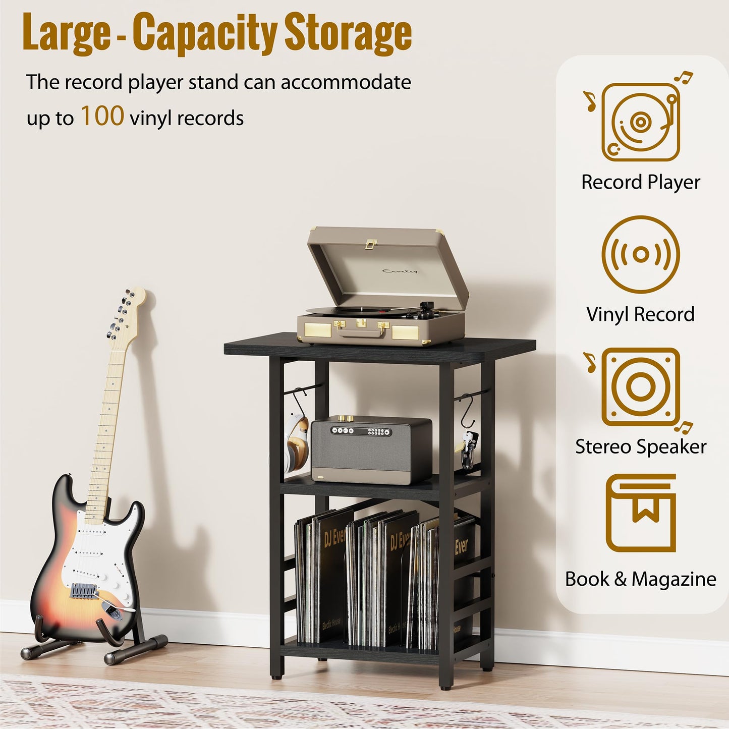 YAKANJ Record Player Stand with Extended Desktop,Large Record Player Table with Vinyl Storage,Turntable Stand with Record Holder Vinyls Display Shelf for Music Room Studio,Modern Black