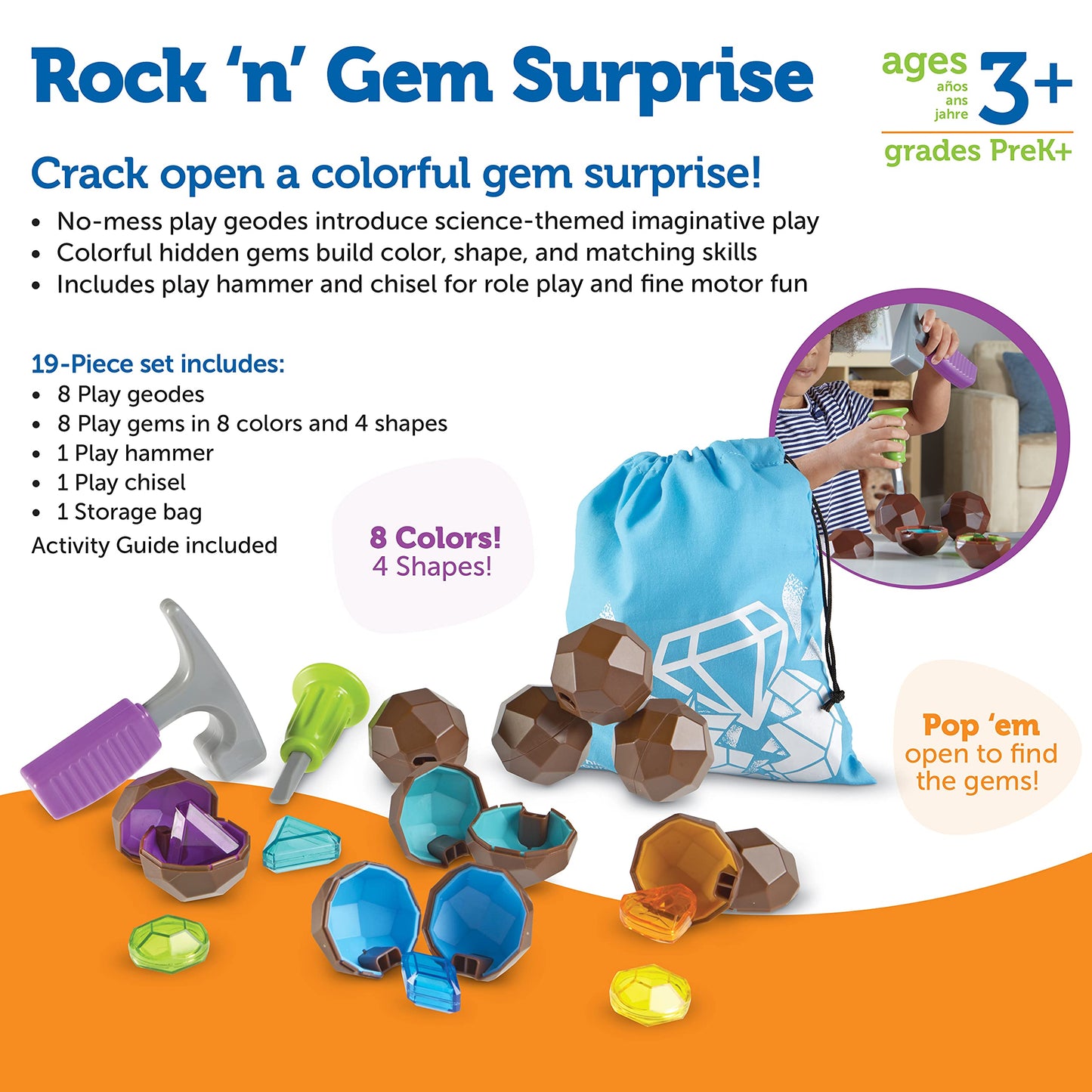 Learning Resources Rockin' Gem Surprise, Sorting, Matching, Counting Skills and Early STEM, 19 Pieces, Ages 3+