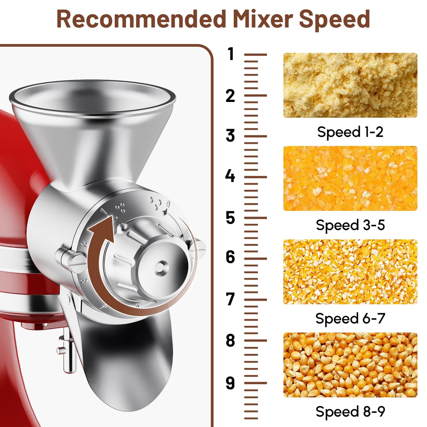 Grain Mill Attachment for Kitchenaid Stand Mixer, All Metal 9 Levels Flour Mill for Kitchenaid, Suitable for Fully Dried Low-Moisture, Low-Oil Grains, Grain Corn, Millet, Wheat and Cereals