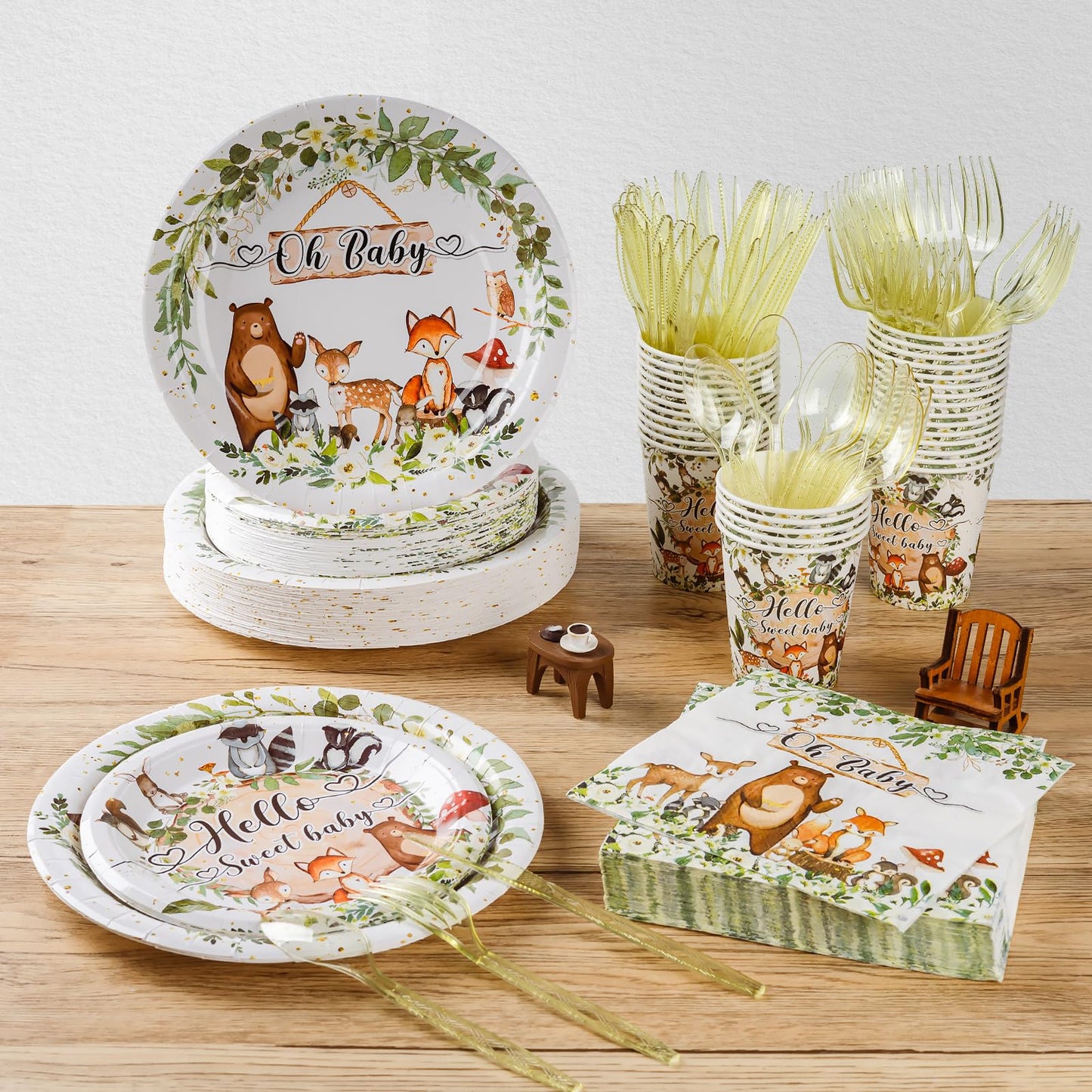 350 Pieces Woodland Baby Shower Decorations Set Serves 50 Guests, Forest Theme Party Supplies Tableware with Plates, Cups, Napkins, Disposable Tableware