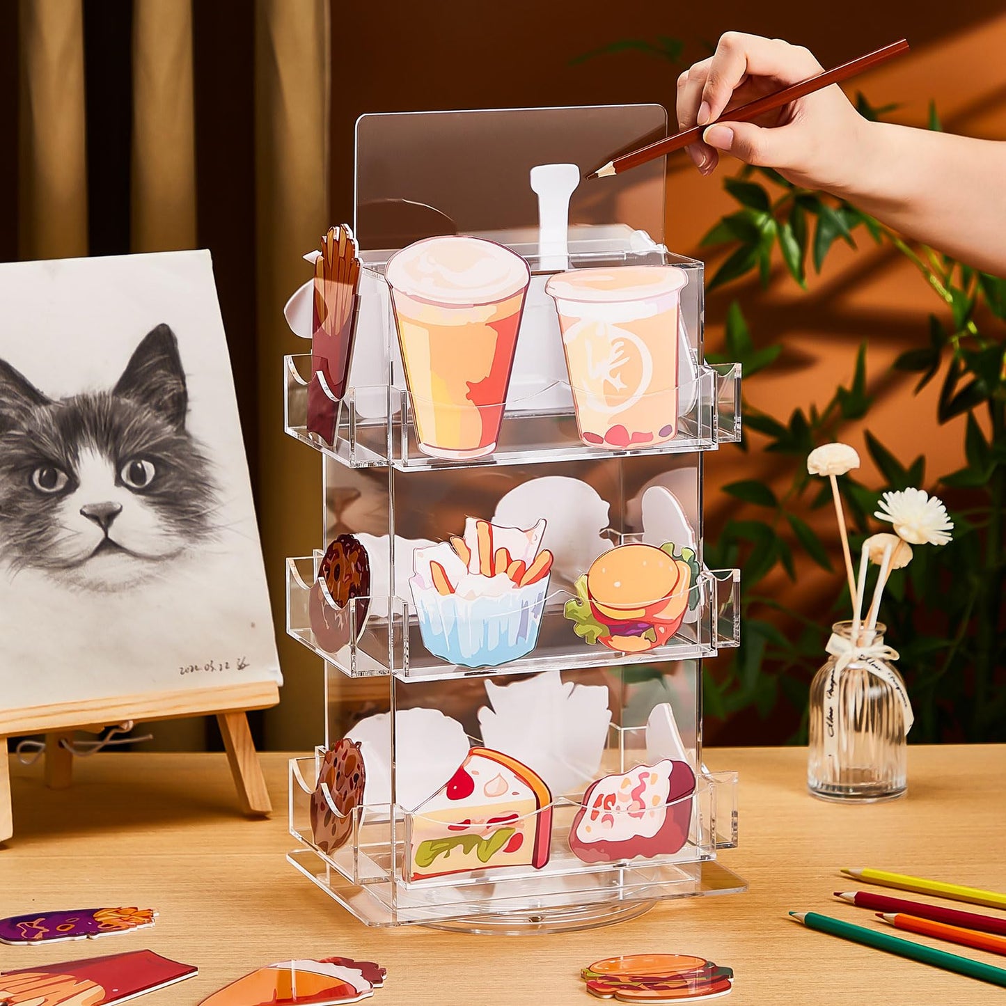 Marsui Sticker Display Stand, 3 Tier Rotating 4 Sided Sticker Holder, 360° Rotating No Assembly Required Clear Acrylic for Bookmark, Stickers, Greeting Card for Vendors(12.6 x 8.07 x 5.9 Inches)