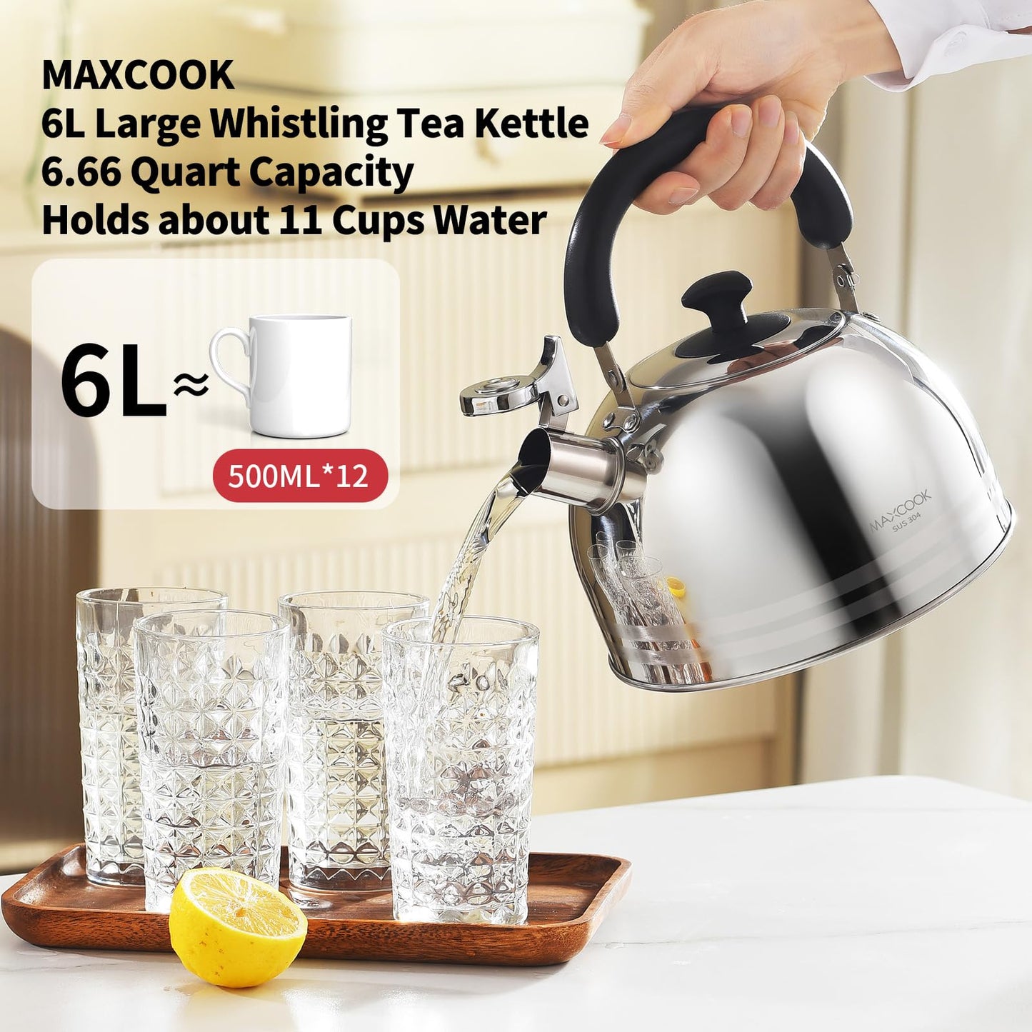MAXCOOK Tea Kettle, 5.7QT 6L Whistling Tea Kettle for Stove Top, 304 Stainless Steel Tea pot, Large Teapot for stovetop, Camping Kettle for Boiling Water (Mirror Polish)